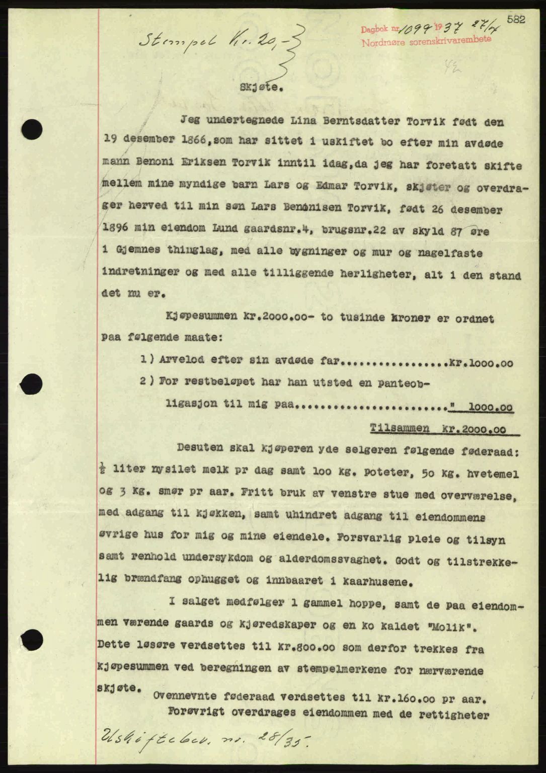 Nordmøre sorenskriveri, SAT/A-4132/1/2/2Ca: Pantebok nr. A81, 1937-1937, Dagboknr: 1099/1937