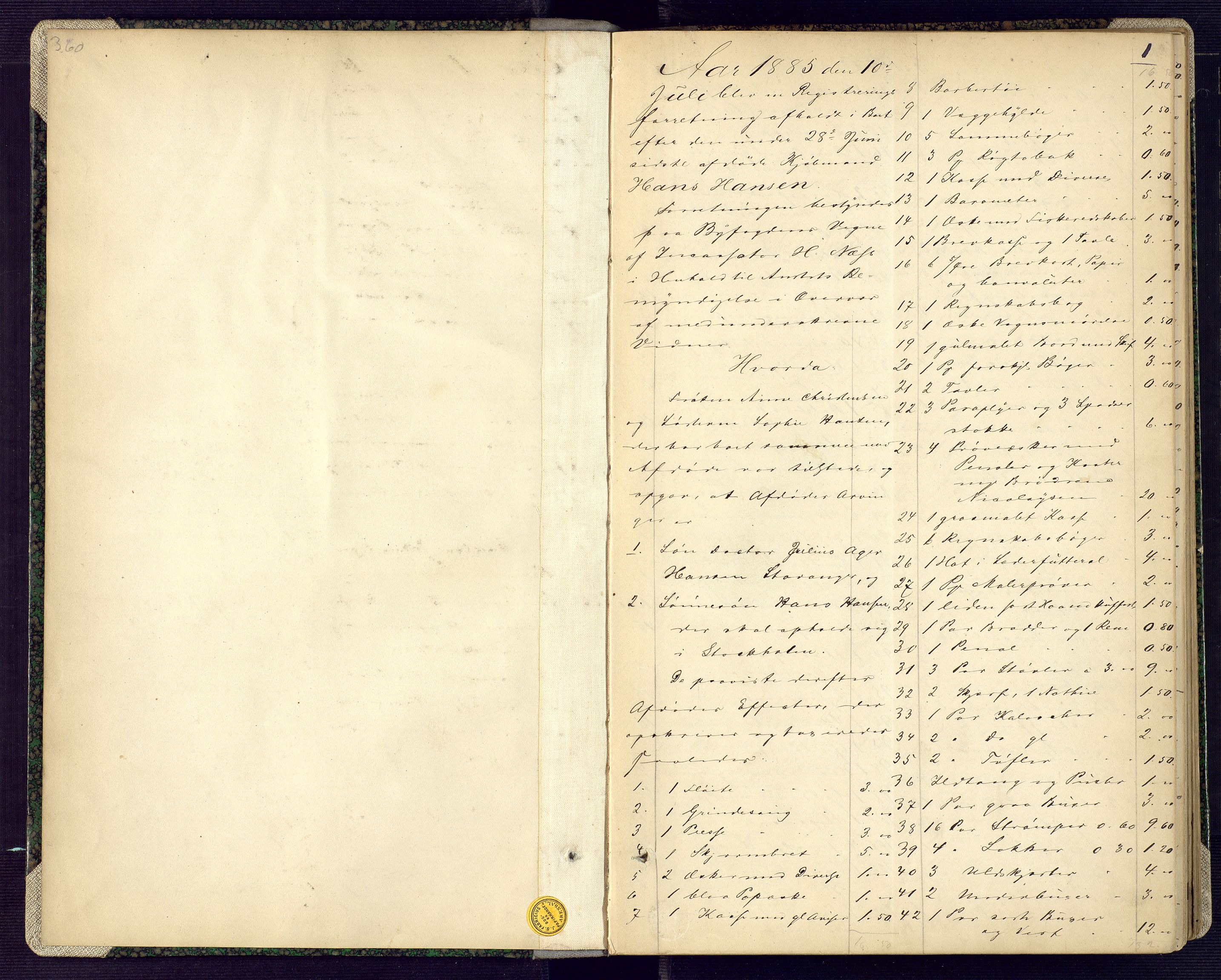 Arendal byfogd, AV/SAK-1222-0001/H/Hc/L0025: Skifteregistreringsprotokoll nr. 23, 1885-1893, s. 1