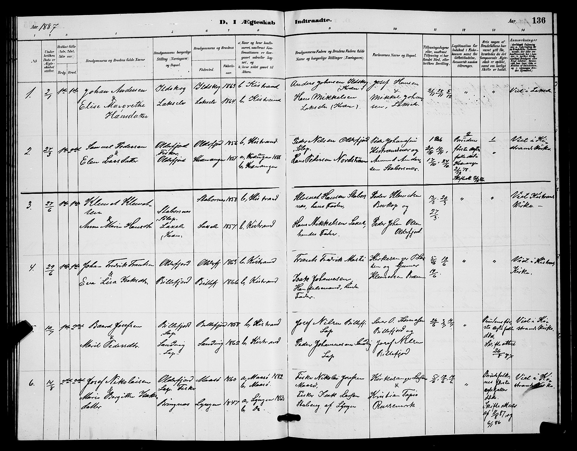 Kistrand/Porsanger sokneprestembete, AV/SATØ-S-1351/H/Hb/L0004.klokk: Klokkerbok nr. 4, 1885-1894, s. 136