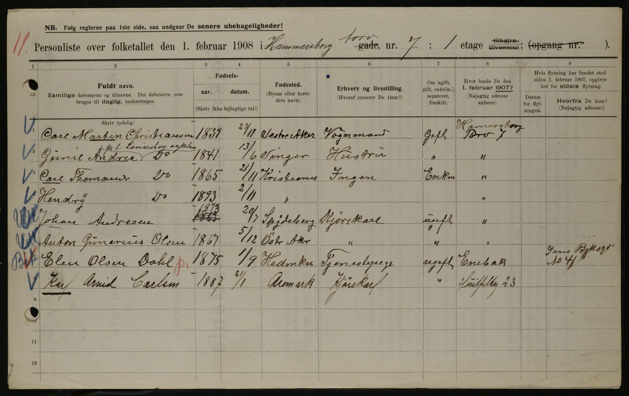 OBA, Kommunal folketelling 1.2.1908 for Kristiania kjøpstad, 1908, s. 31108