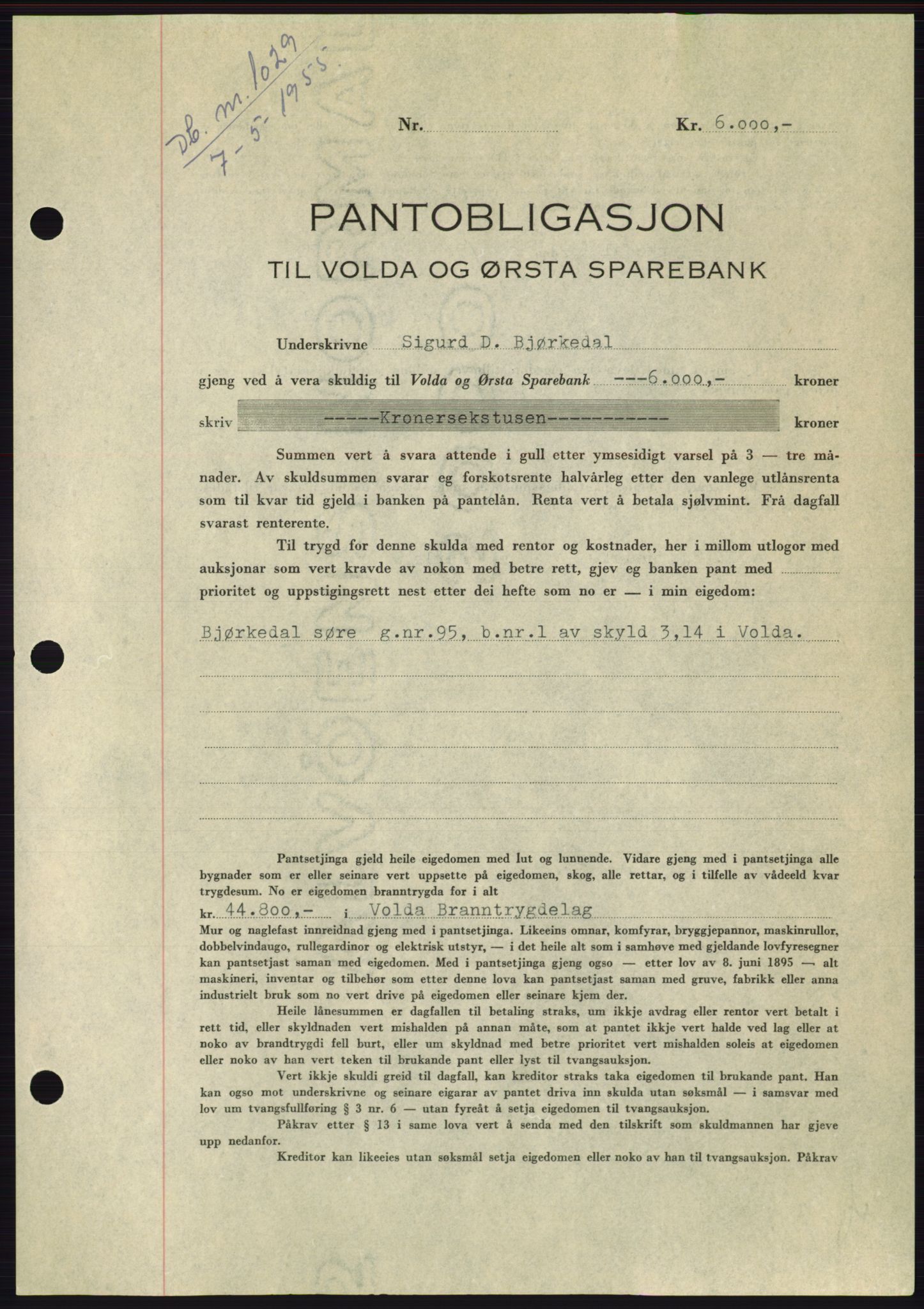 Søre Sunnmøre sorenskriveri, AV/SAT-A-4122/1/2/2C/L0126: Pantebok nr. 14B, 1954-1955, Dagboknr: 1029/1955