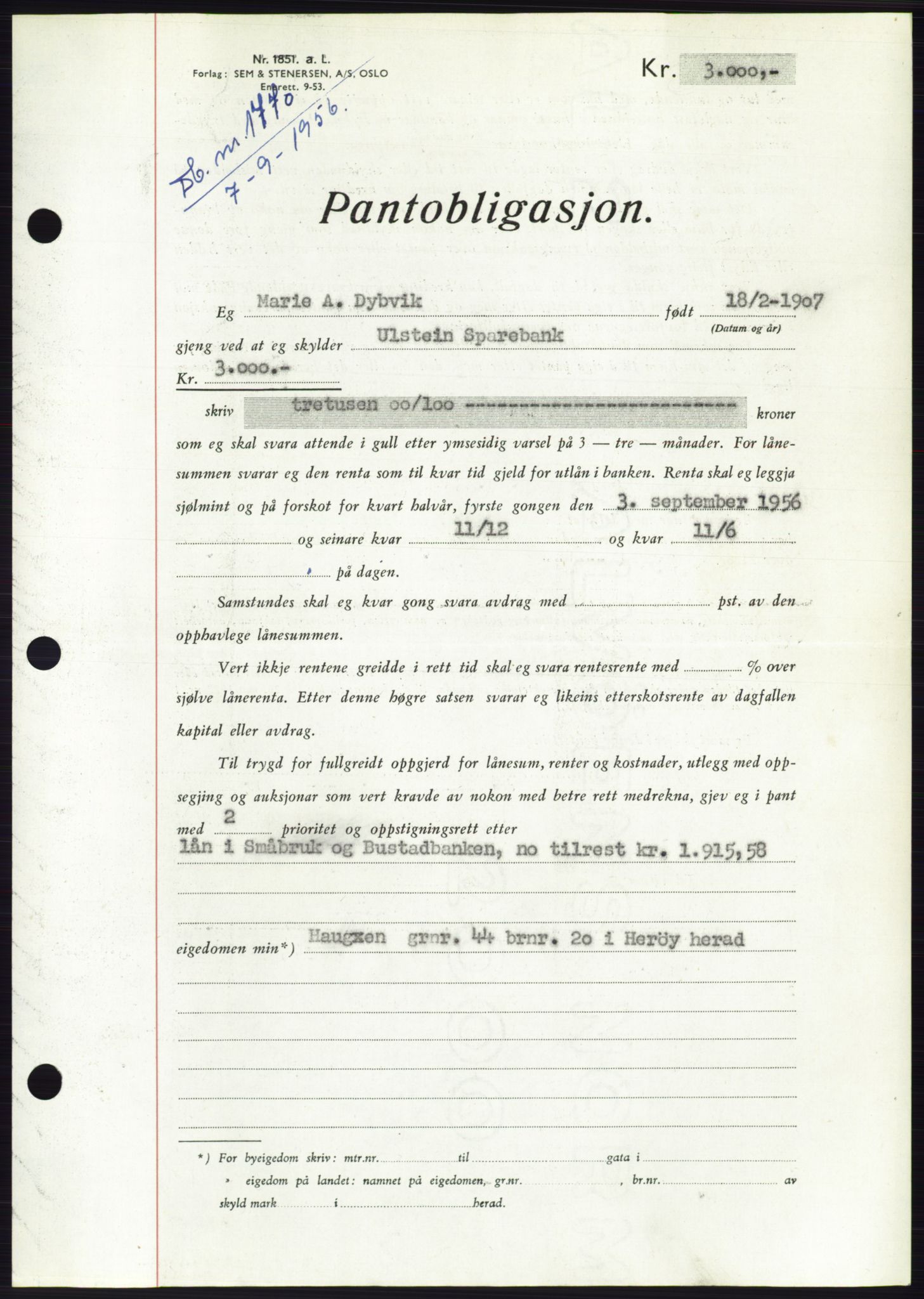 Søre Sunnmøre sorenskriveri, SAT/A-4122/1/2/2C/L0128: Pantebok nr. 16B, 1956-1956, Dagboknr: 1770/1956