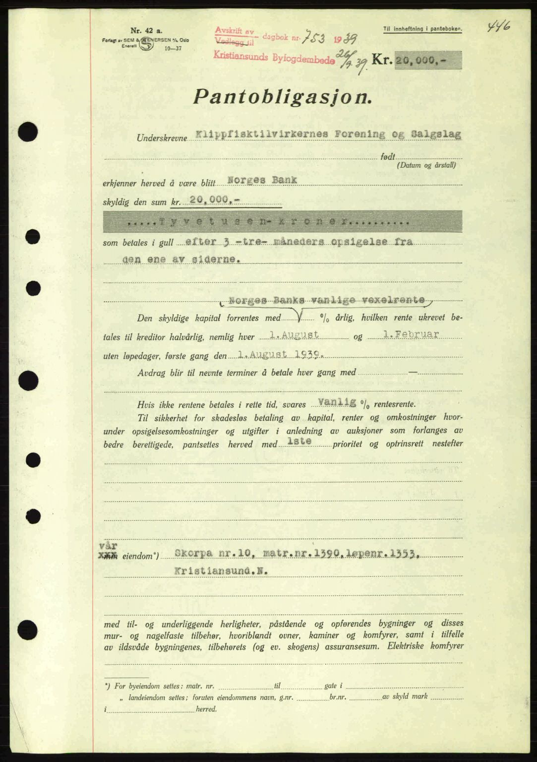 Kristiansund byfogd, AV/SAT-A-4587/A/27: Pantebok nr. 31, 1938-1939, Dagboknr: 753/1939