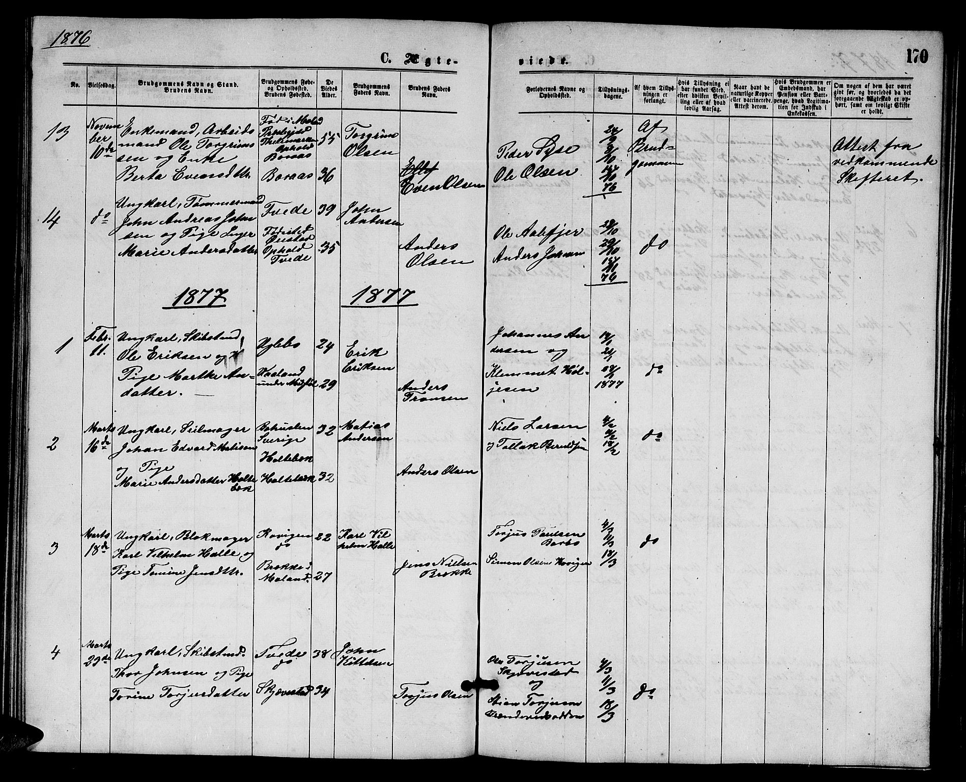 Austre Moland sokneprestkontor, AV/SAK-1111-0001/F/Fb/Fba/L0002: Klokkerbok nr. B 2, 1869-1879, s. 170