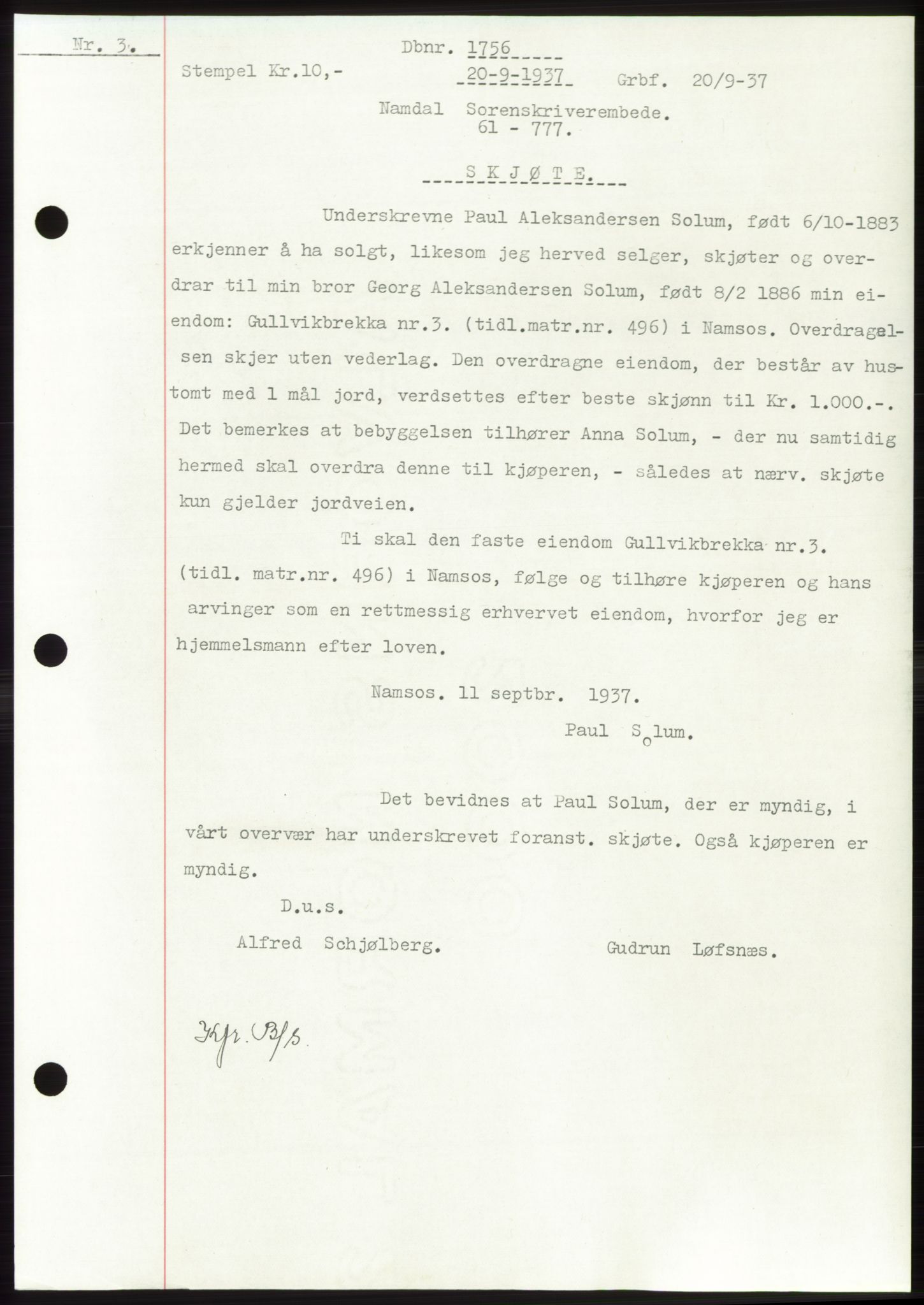 Namdal sorenskriveri, SAT/A-4133/1/2/2C: Pantebok nr. -, 1937-1939, Tingl.dato: 20.09.1937