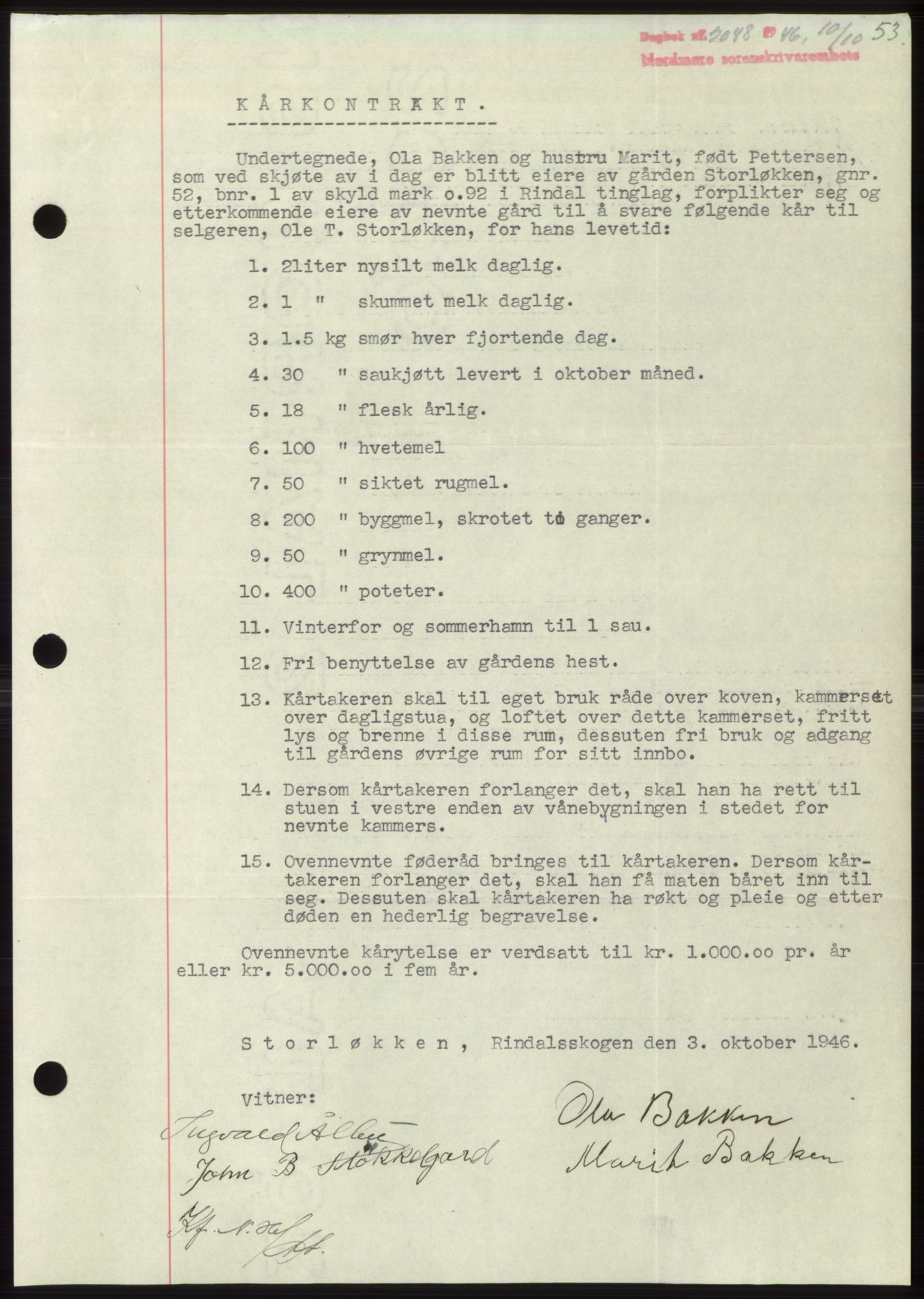 Nordmøre sorenskriveri, AV/SAT-A-4132/1/2/2Ca: Pantebok nr. B95, 1946-1947, Dagboknr: 2048/1946