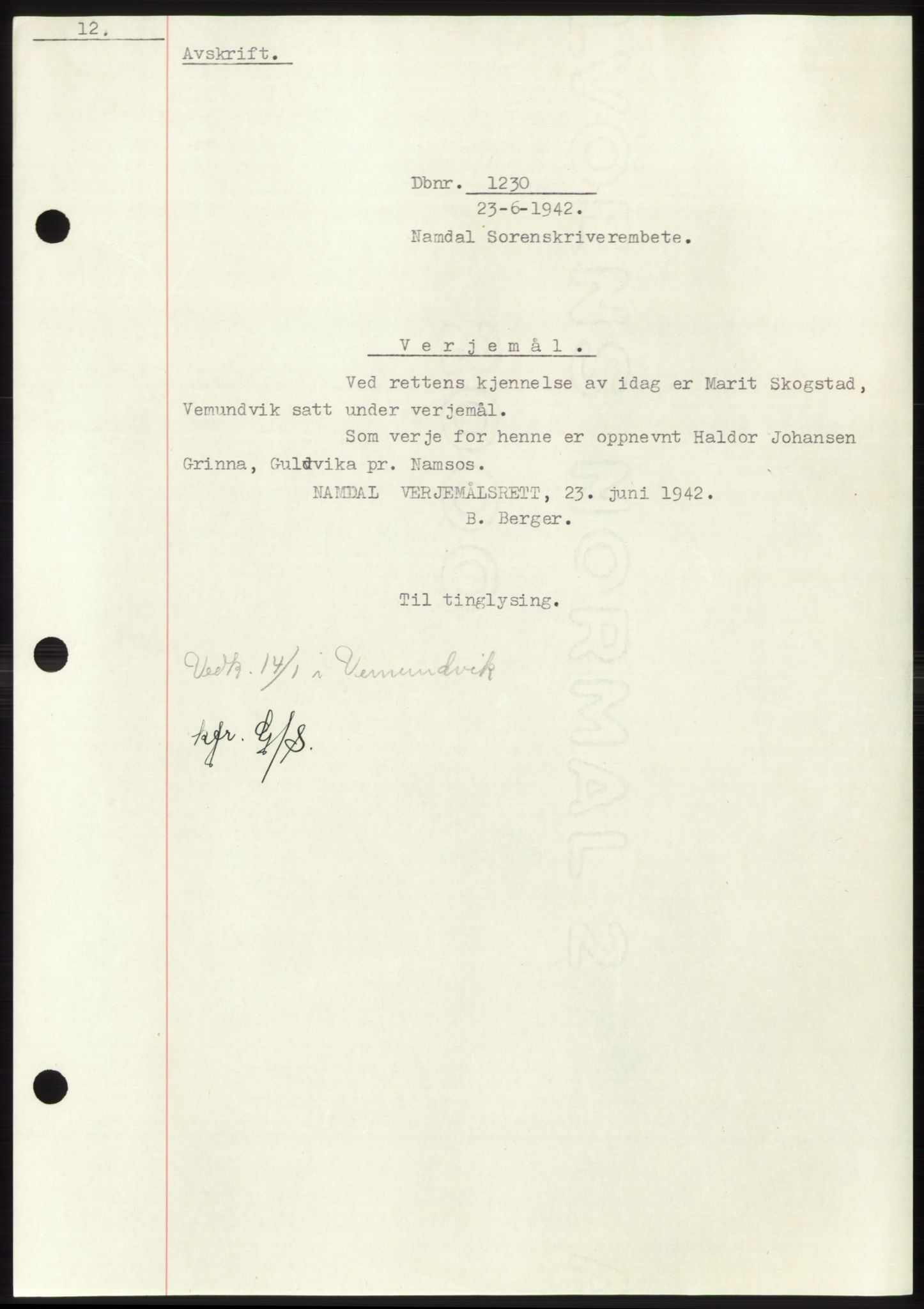 Namdal sorenskriveri, SAT/A-4133/1/2/2C: Pantebok nr. -, 1941-1942, Dagboknr: 1230/1942