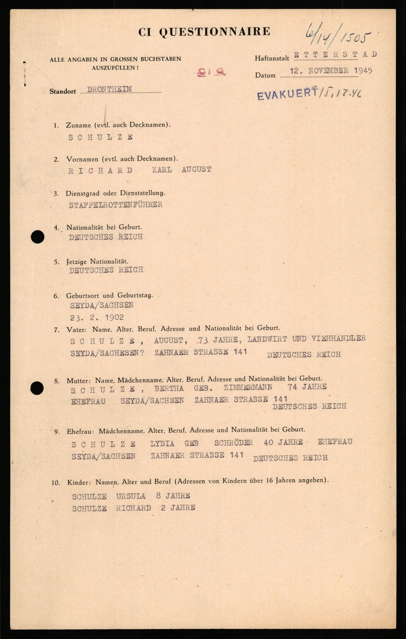 Forsvaret, Forsvarets overkommando II, AV/RA-RAFA-3915/D/Db/L0030: CI Questionaires. Tyske okkupasjonsstyrker i Norge. Tyskere., 1945-1946, s. 400