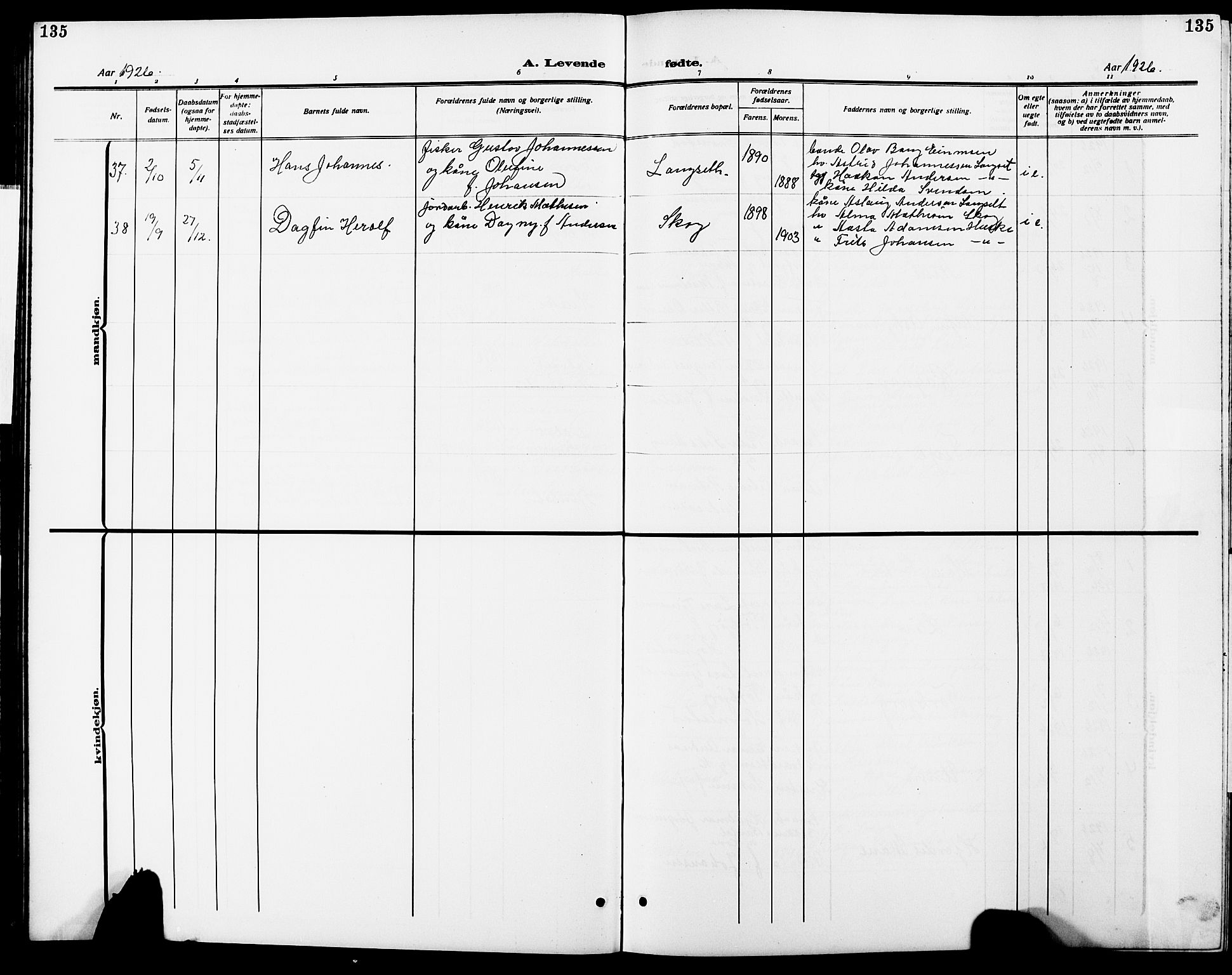 Ministerialprotokoller, klokkerbøker og fødselsregistre - Nordland, AV/SAT-A-1459/838/L0560: Klokkerbok nr. 838C07, 1910-1928, s. 135