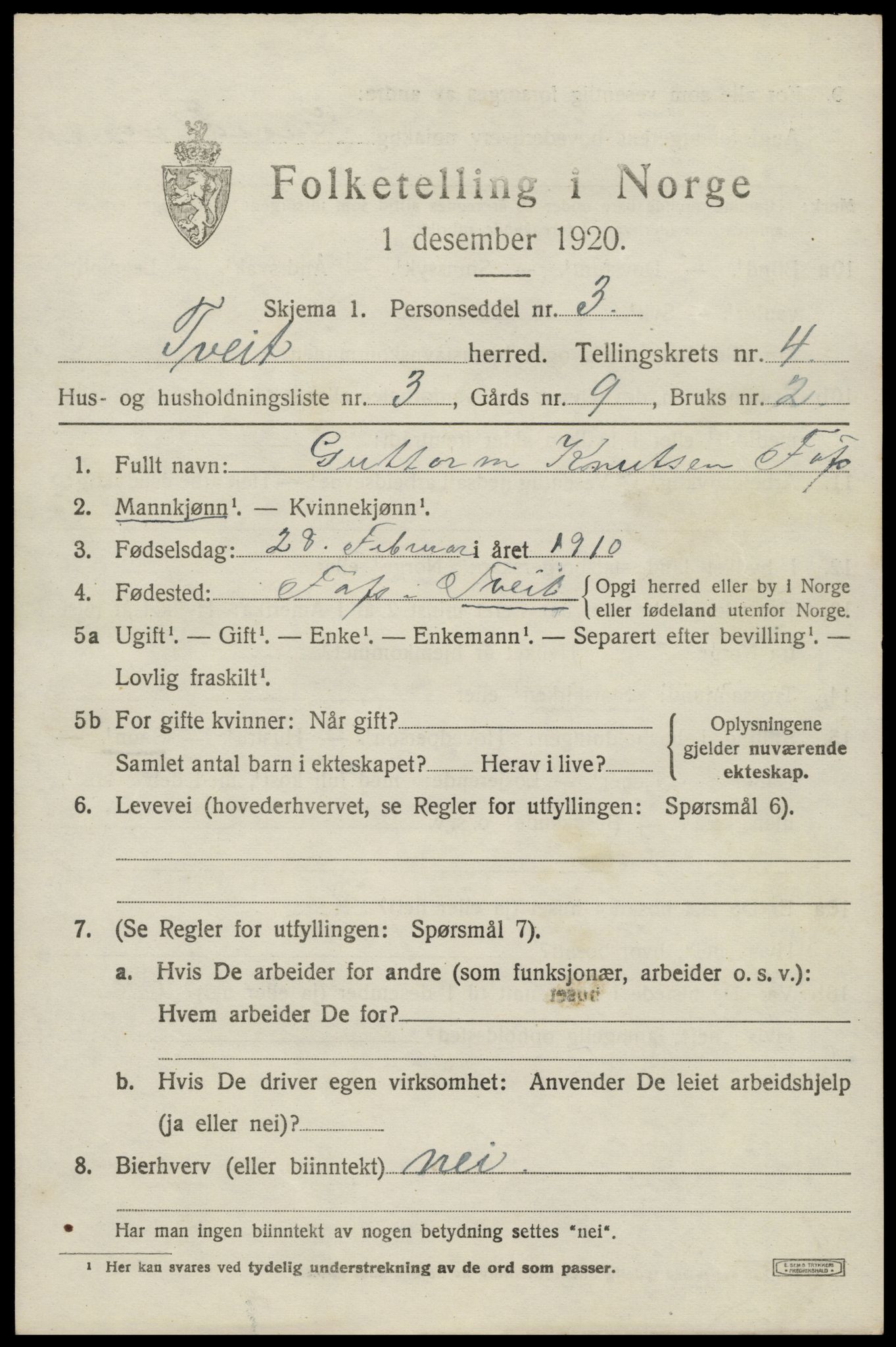 SAK, Folketelling 1920 for 1013 Tveit herred, 1920, s. 2004