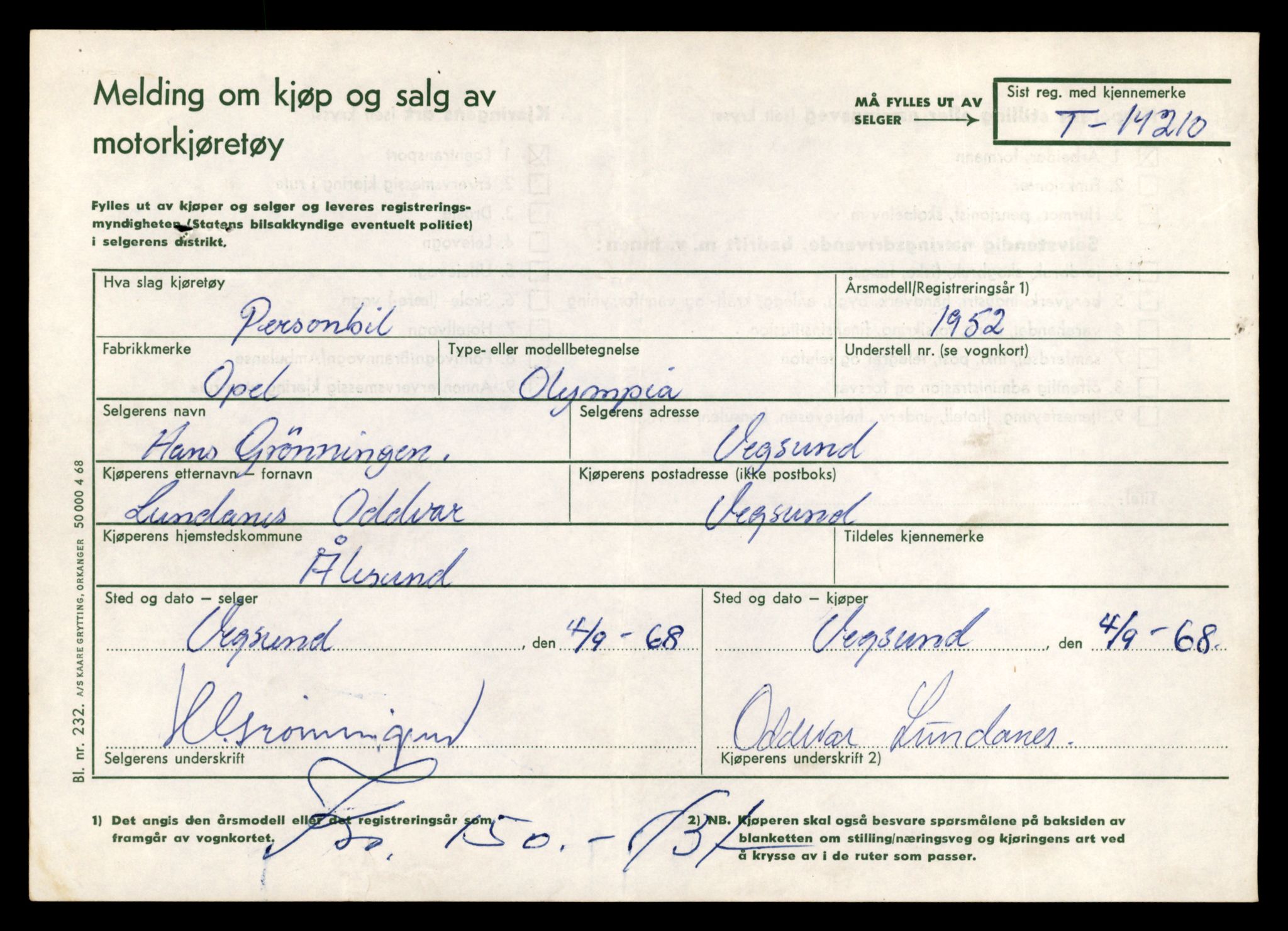 Møre og Romsdal vegkontor - Ålesund trafikkstasjon, AV/SAT-A-4099/F/Fe/L0044: Registreringskort for kjøretøy T 14205 - T 14319, 1927-1998, s. 217