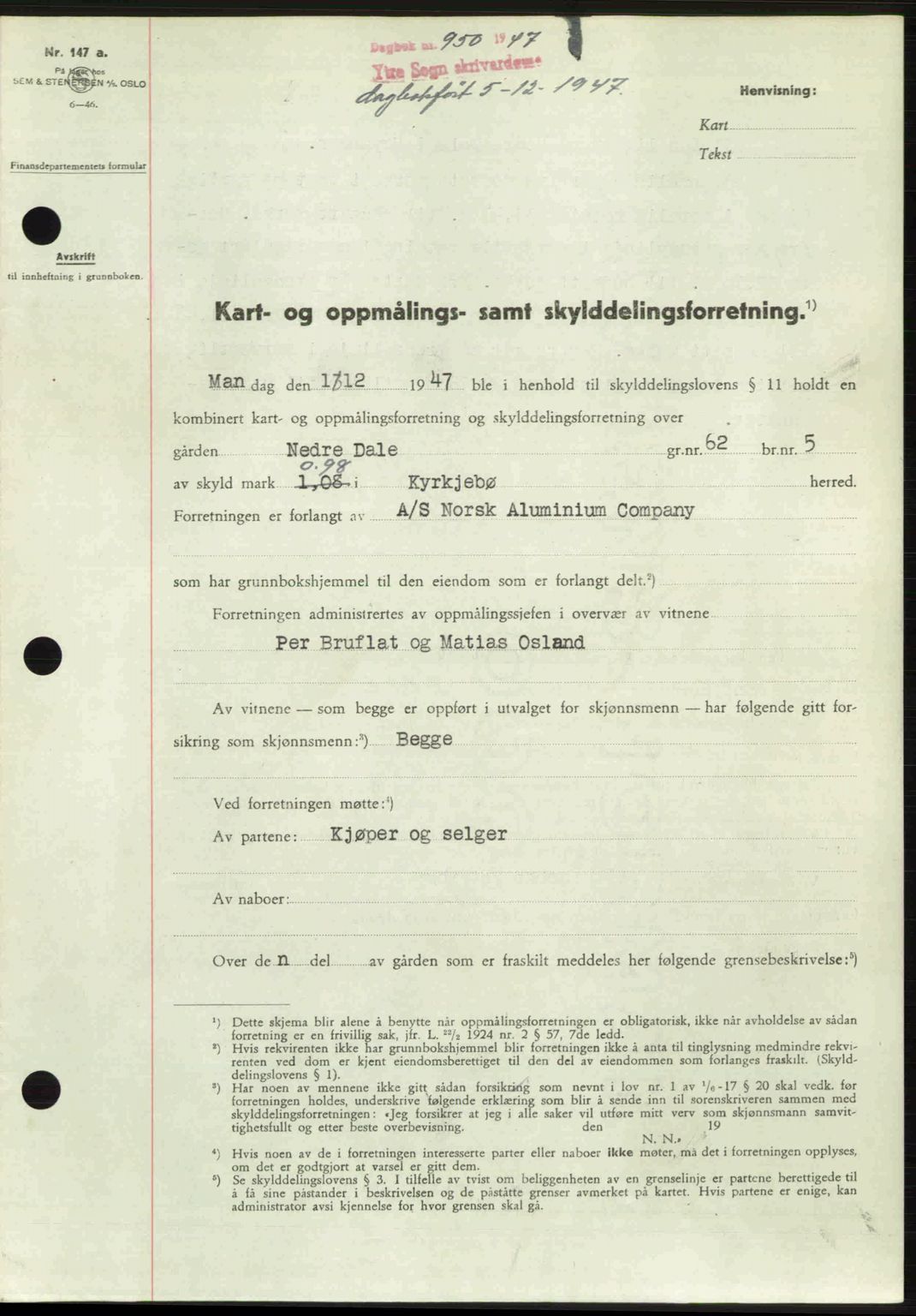 Ytre Sogn tingrett, SAB/A-2601/1/G/Gbb/L0005: Pantebok nr. A3 - A4 (B2), 1947-1948, Dagboknr: 950/1947