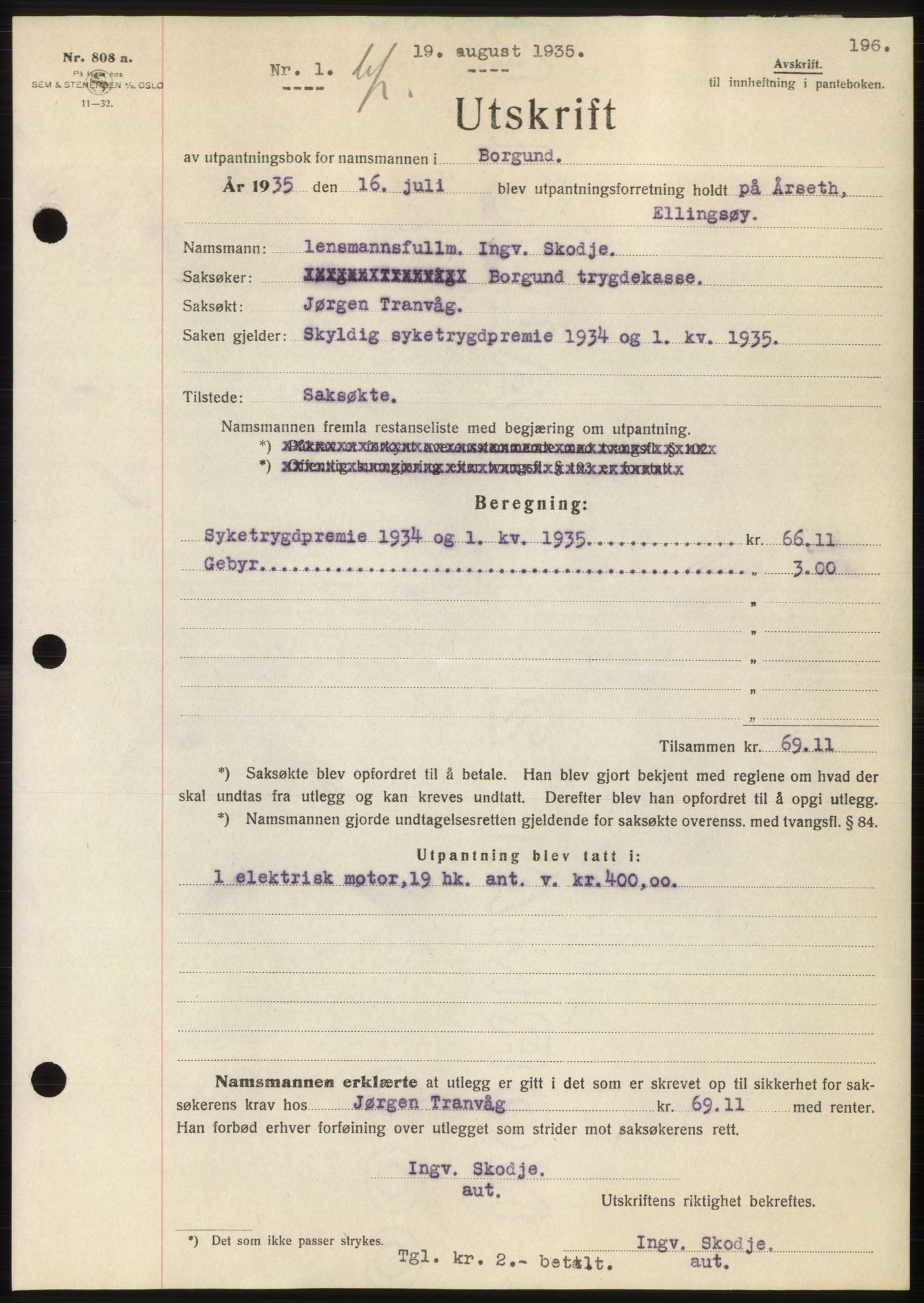 Nordre Sunnmøre sorenskriveri, SAT/A-0006/1/2/2C/2Ca/L0058: Pantebok nr. 58, 1935-1935, Tingl.dato: 19.08.1935