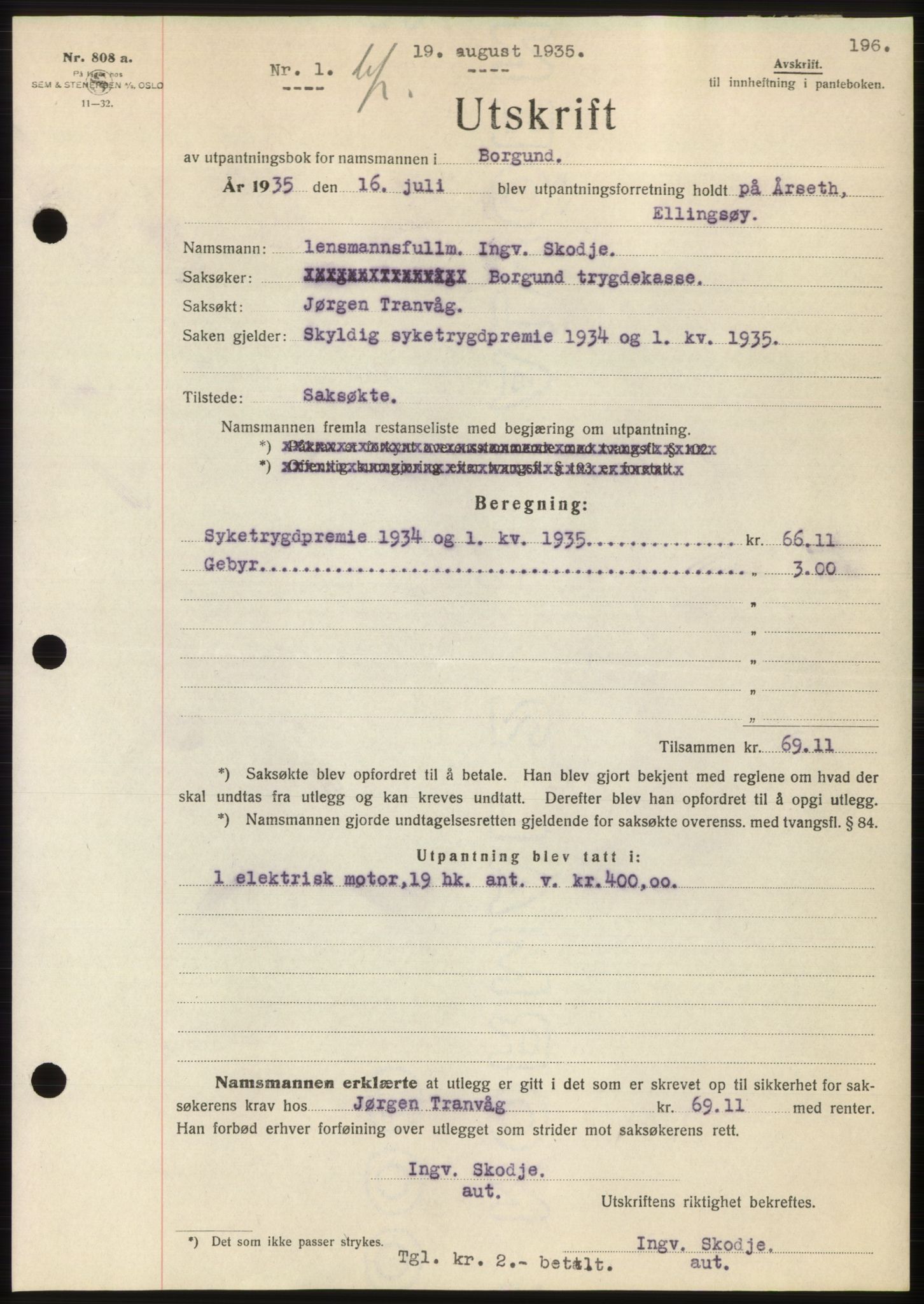 Nordre Sunnmøre sorenskriveri, AV/SAT-A-0006/1/2/2C/2Ca/L0058: Pantebok nr. 58, 1935-1935, Tingl.dato: 19.08.1935