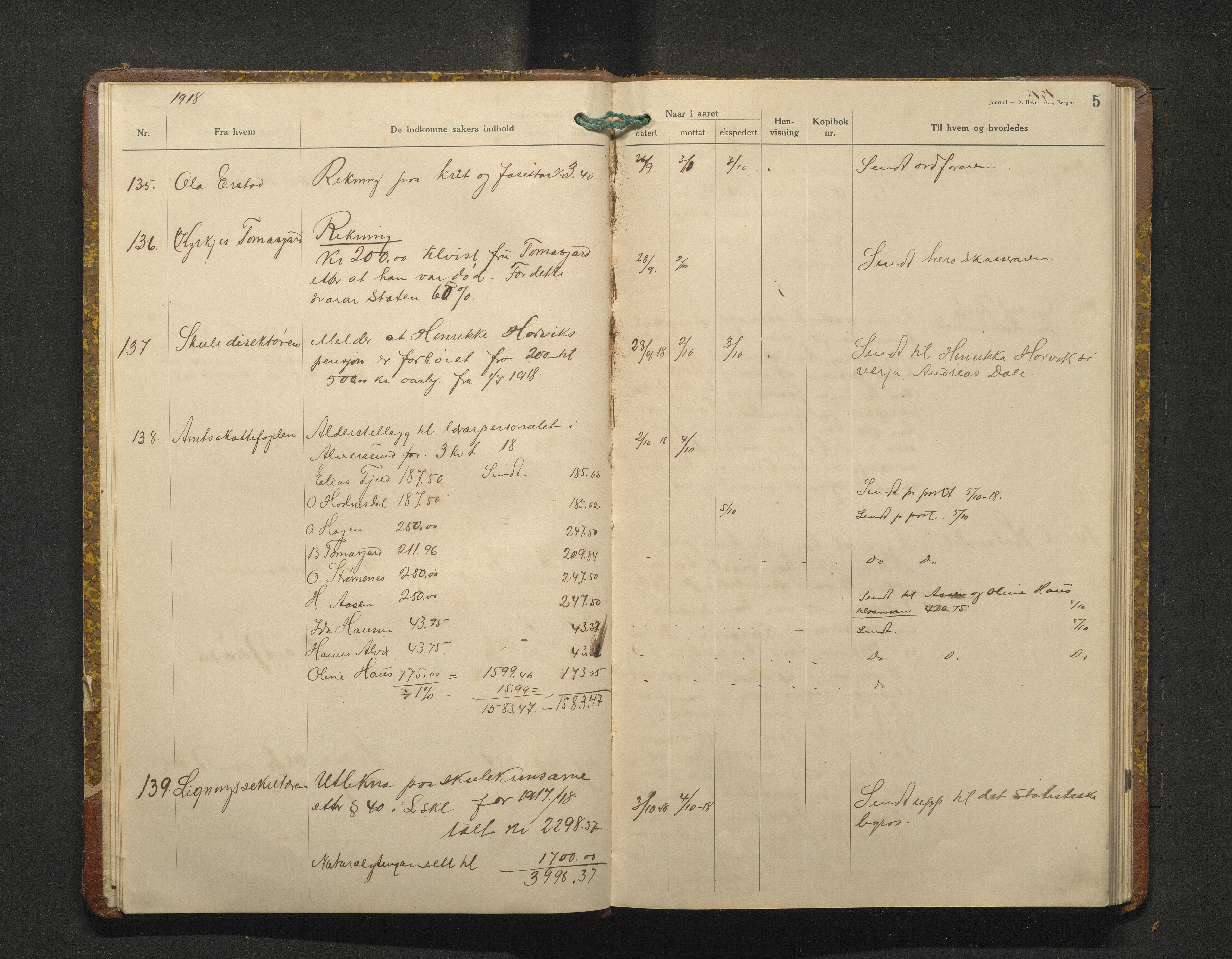 Alversund kommune. Skulestyret, IKAH/1257-211/C/Ca/L0005: Brevjournal for Alversund skulestyre, 1918-1920