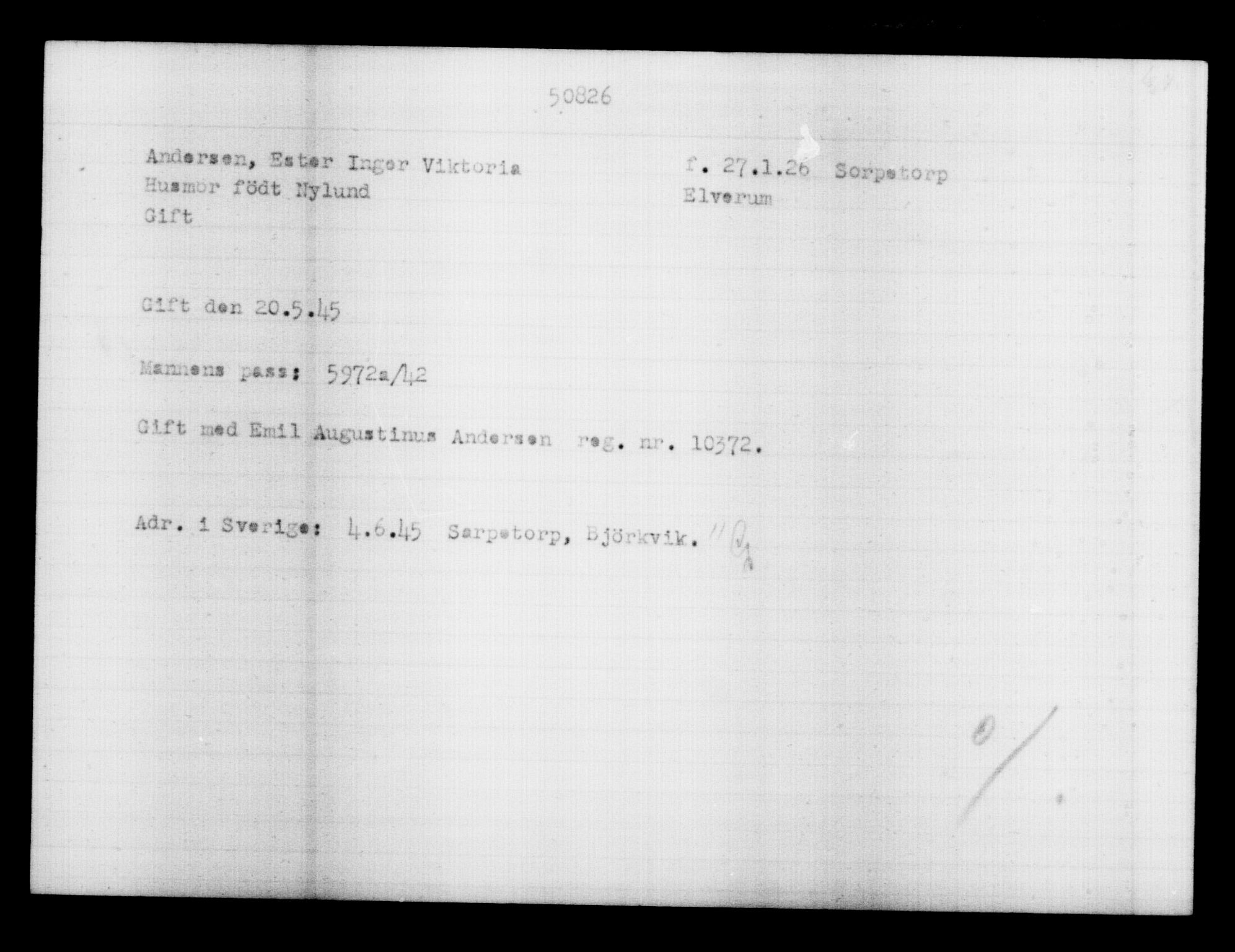 Utenriksstasjonene, Legasjonen i Stockholm, Flyktningkontoret, AV/RA-S-6753/V/Va/L0019: Kjesäterkartoteket, flyktninger med registreringsnr. 49600-55060, 1940-1945, s. 1249