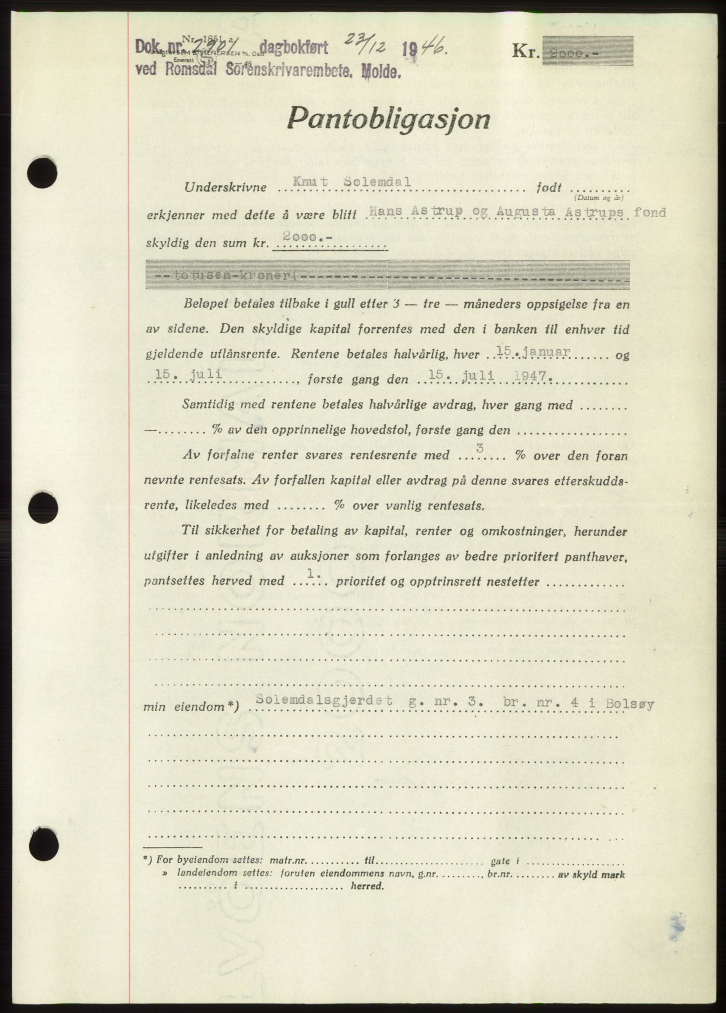 Romsdal sorenskriveri, AV/SAT-A-4149/1/2/2C: Pantebok nr. B3, 1946-1948, Dagboknr: 2901/1946