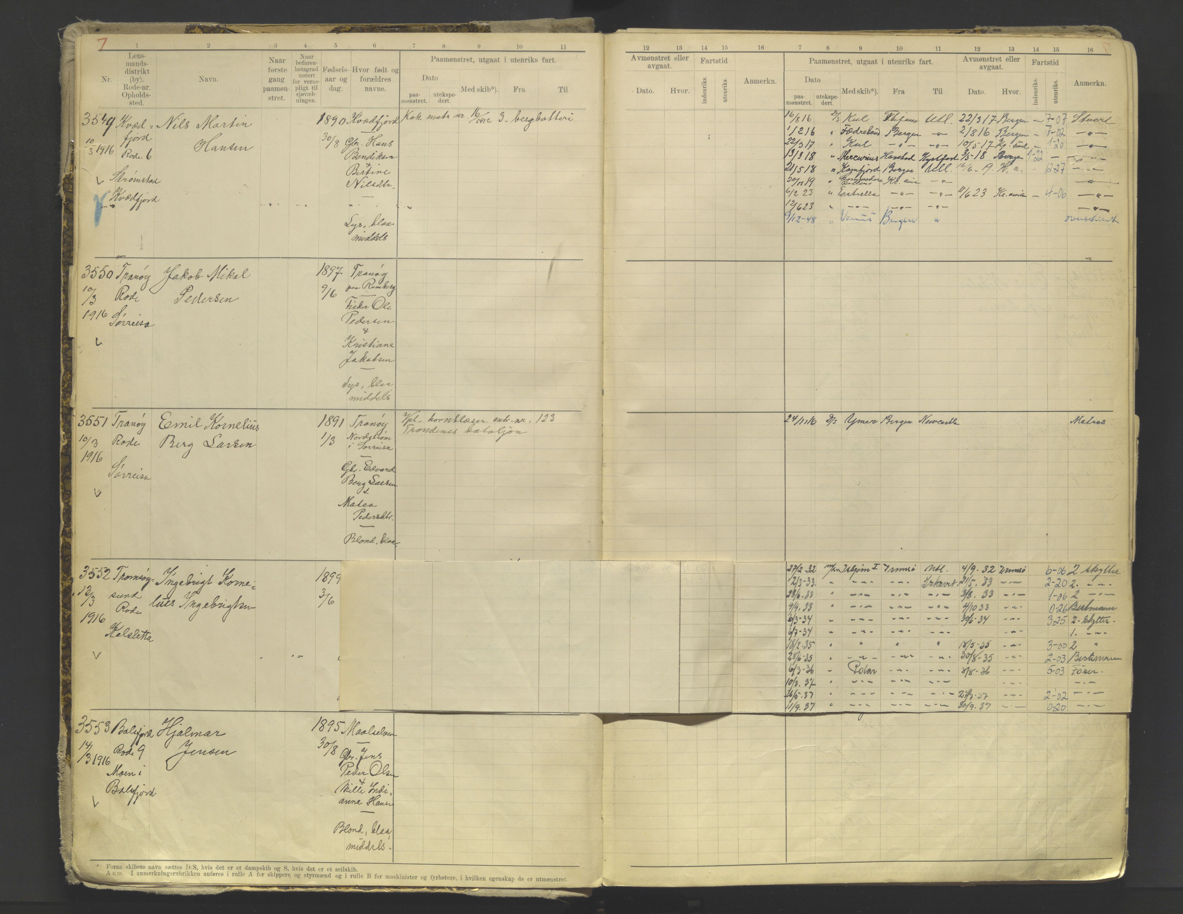 Tromsø sjømannskontor/innrullerings-/mønstringsdistrikt, AV/SATØ-S-0243/F/Fb/L0010: Annotasjonsrulle. Defekt: løs innbinding. Nr. 3519-4972, 1916-1920