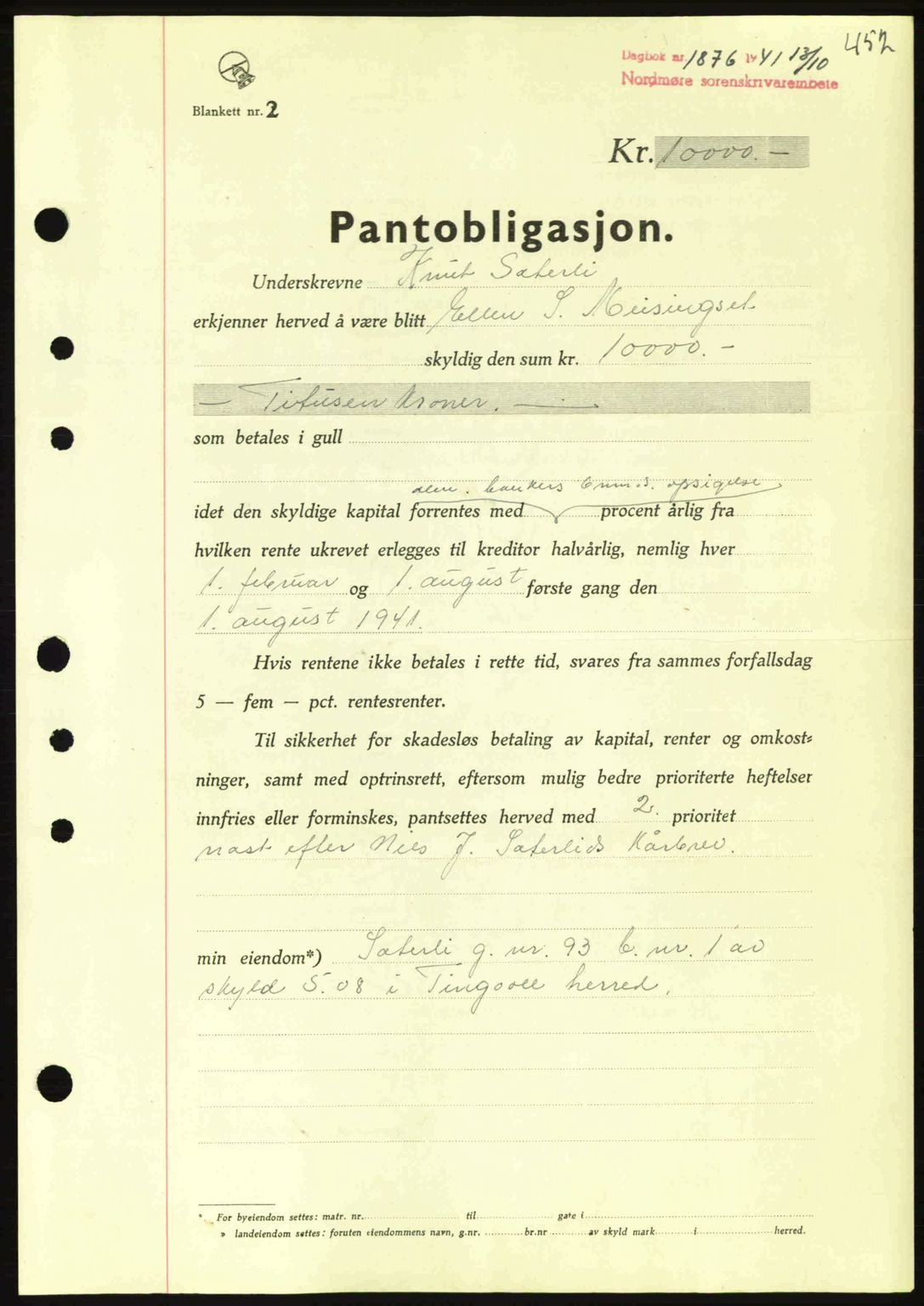 Nordmøre sorenskriveri, SAT/A-4132/1/2/2Ca: Pantebok nr. B88, 1941-1942, Dagboknr: 1876/1941