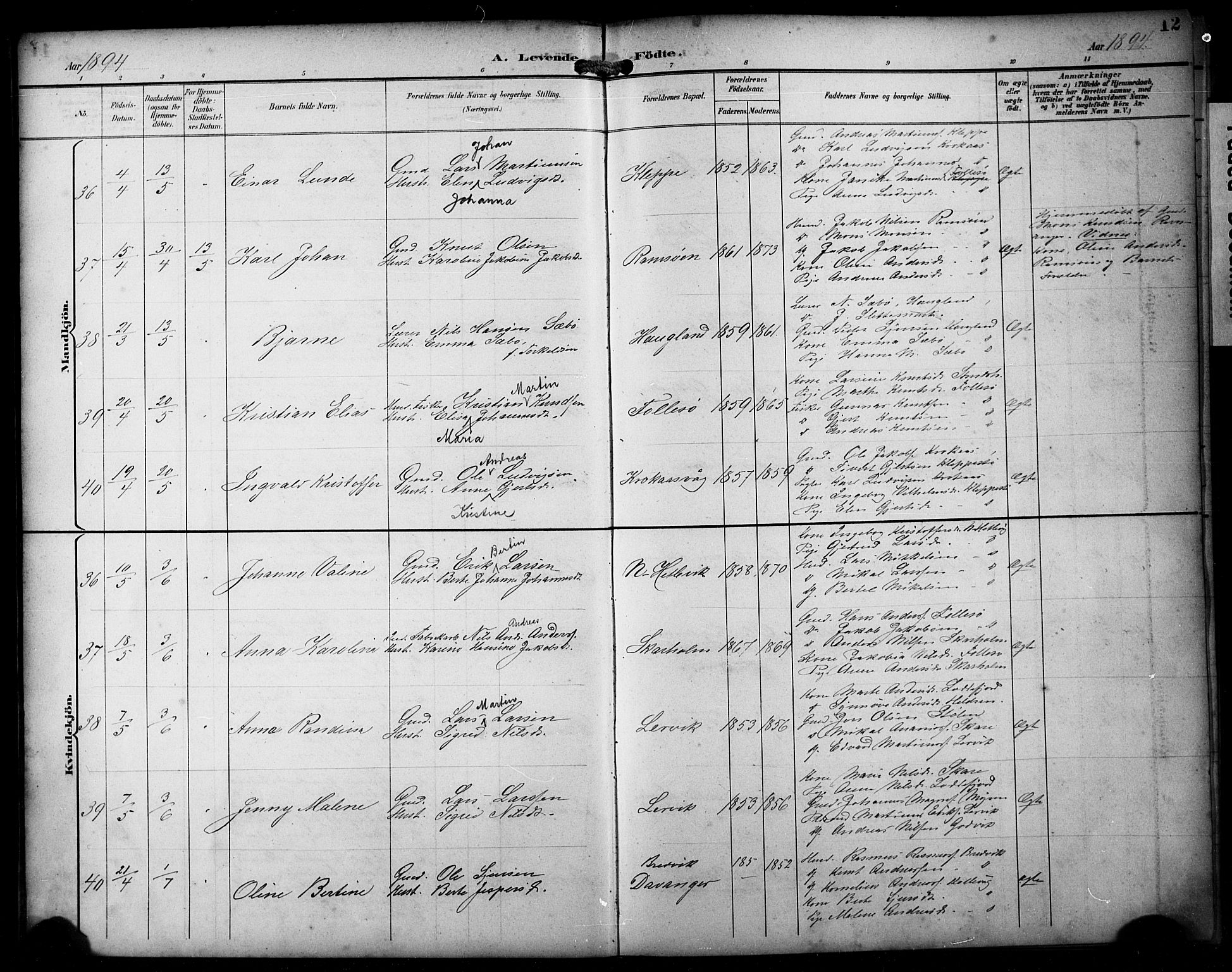 Askøy Sokneprestembete, AV/SAB-A-74101/H/Ha/Hab/Haba/L0009: Klokkerbok nr. A 9, 1894-1903, s. 12