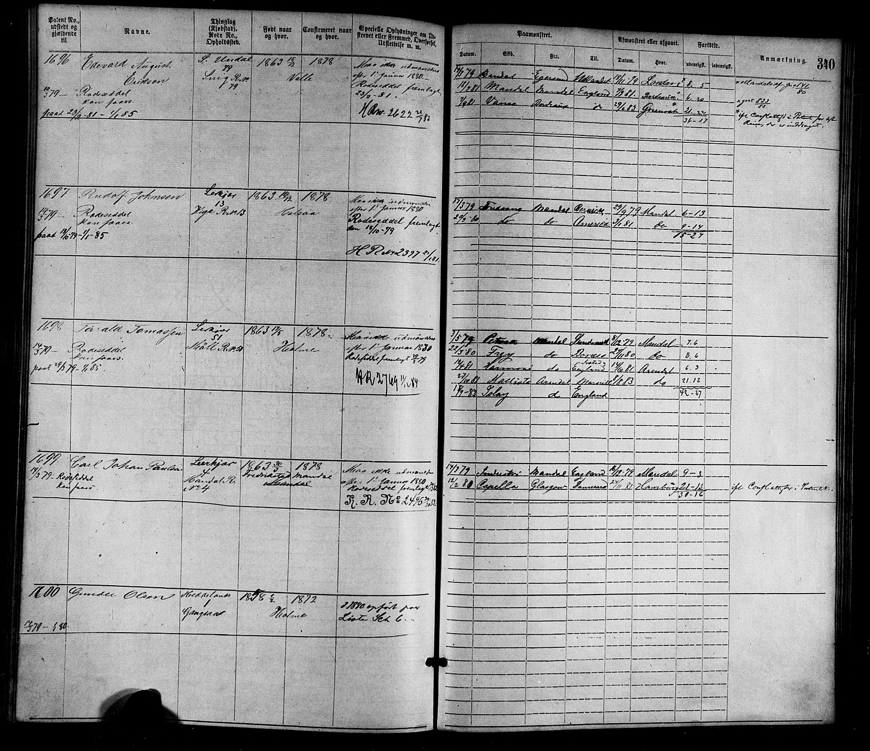 Mandal mønstringskrets, SAK/2031-0016/F/Fa/L0001: Annotasjonsrulle nr 1-1920 med register, L-3, 1869-1881, s. 378