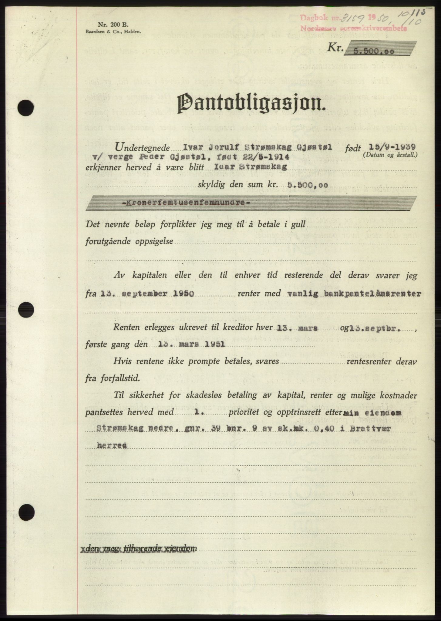 Nordmøre sorenskriveri, SAT/A-4132/1/2/2Ca: Pantebok nr. B106, 1950-1950, Dagboknr: 3159/1950
