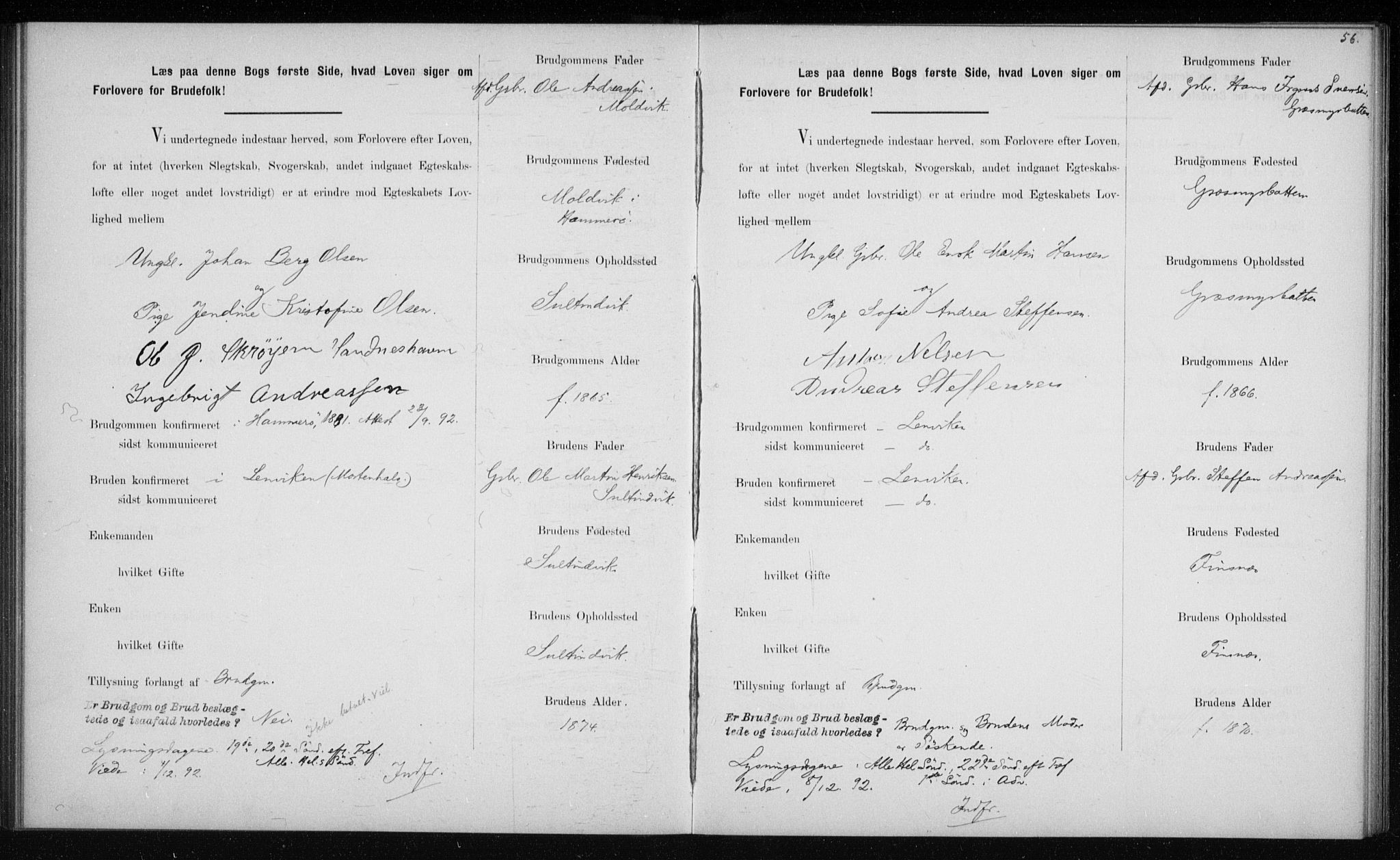 Lenvik sokneprestembete, AV/SATØ-S-1310/I/Ie/L0129: Lysningsprotokoll nr. 129, 1890-1895, s. 56