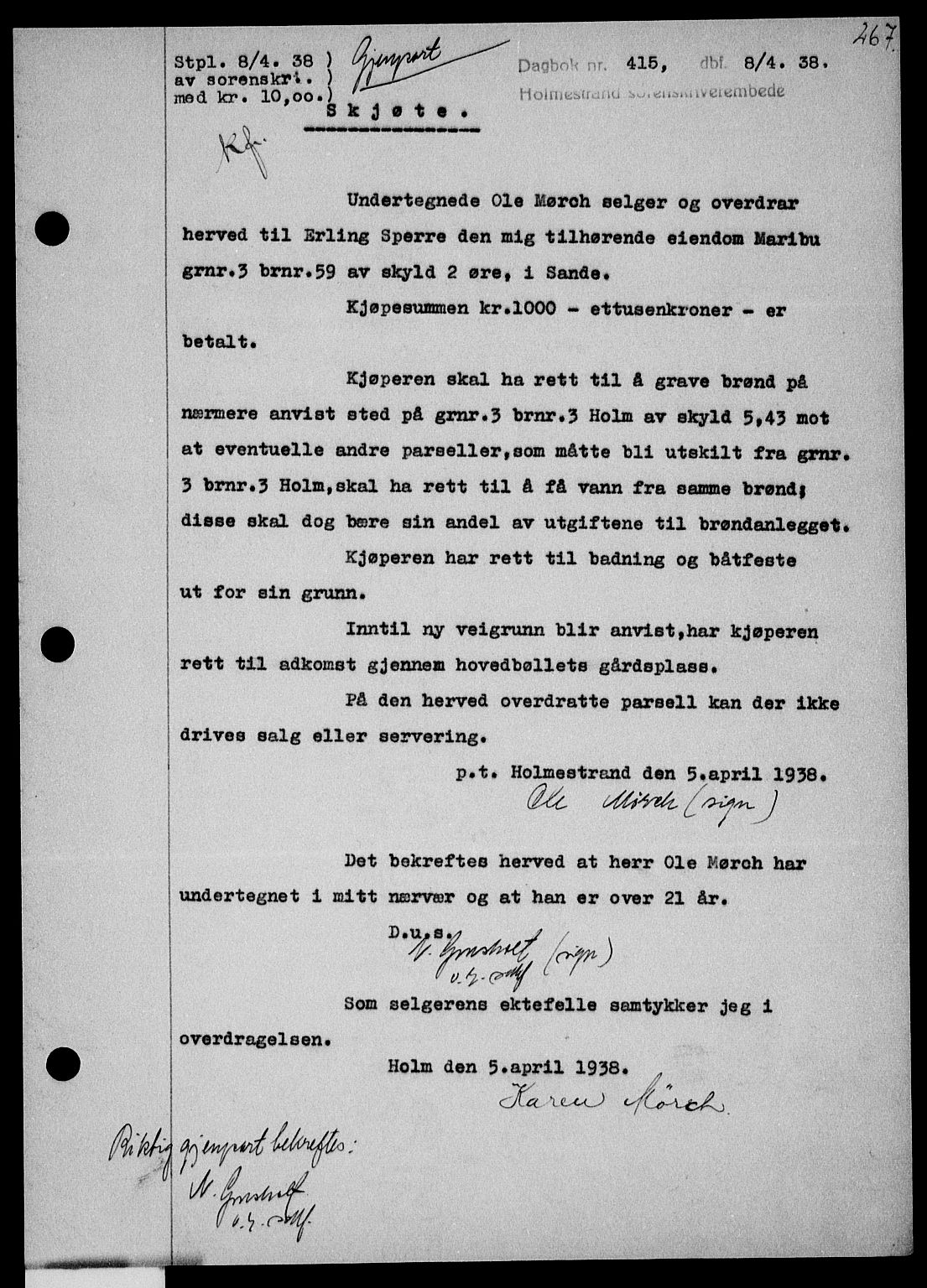 Holmestrand sorenskriveri, SAKO/A-67/G/Ga/Gaa/L0049: Pantebok nr. A-49, 1937-1938, Dagboknr: 415/1938