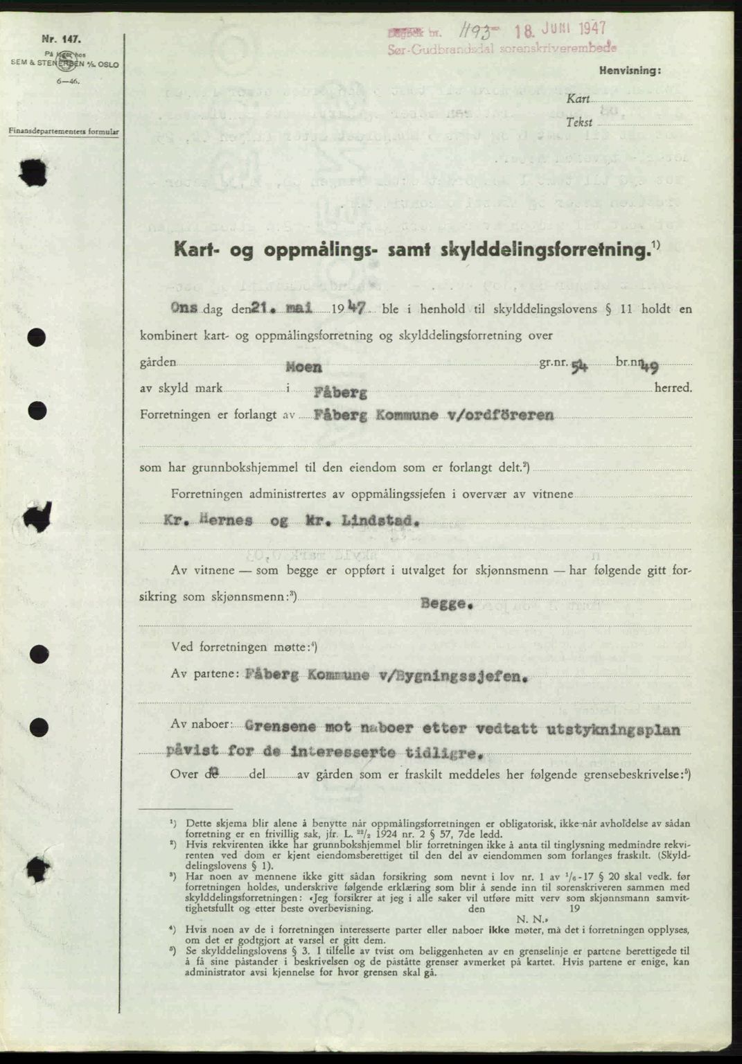 Sør-Gudbrandsdal tingrett, SAH/TING-004/H/Hb/Hbd/L0018: Pantebok nr. A18, 1947-1947, Dagboknr: 1193/1947