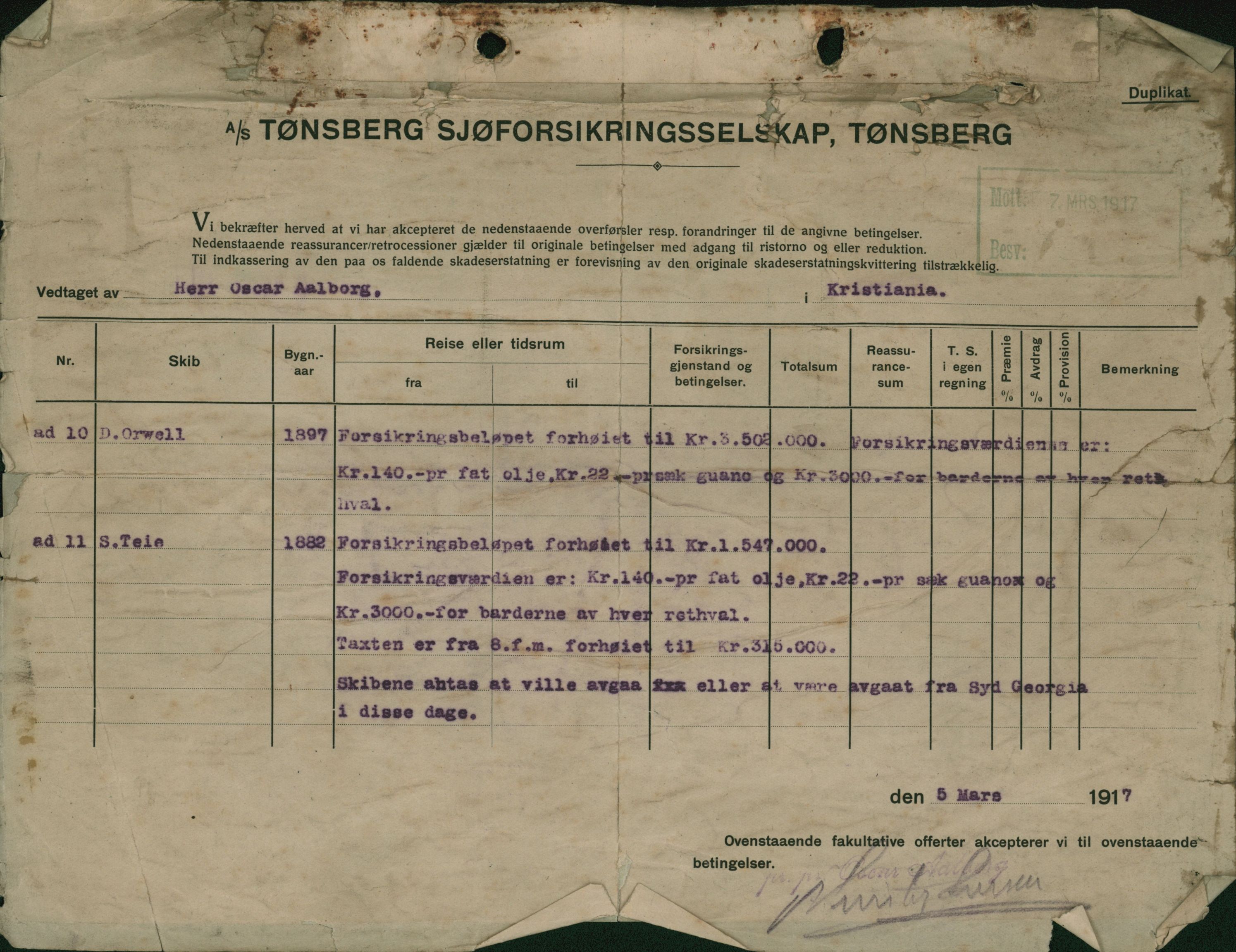 Pa 664 - Tønsberg Sjøforsikringsselskap, VEMU/A-1773/F/L0001: Forsikringspoliser, 1915-1918