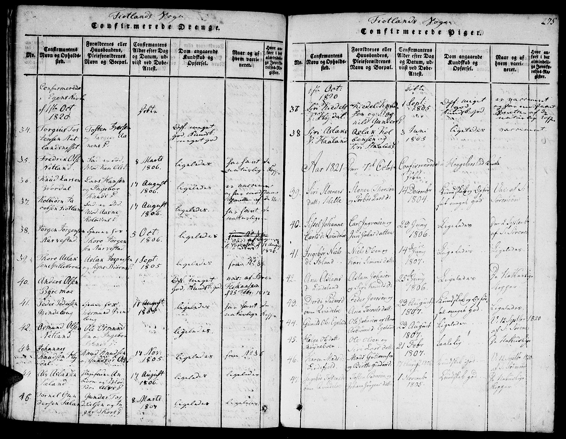 Hægebostad sokneprestkontor, SAK/1111-0024/F/Fa/Faa/L0002: Ministerialbok nr. A 2 /3, 1816-1825, s. 275
