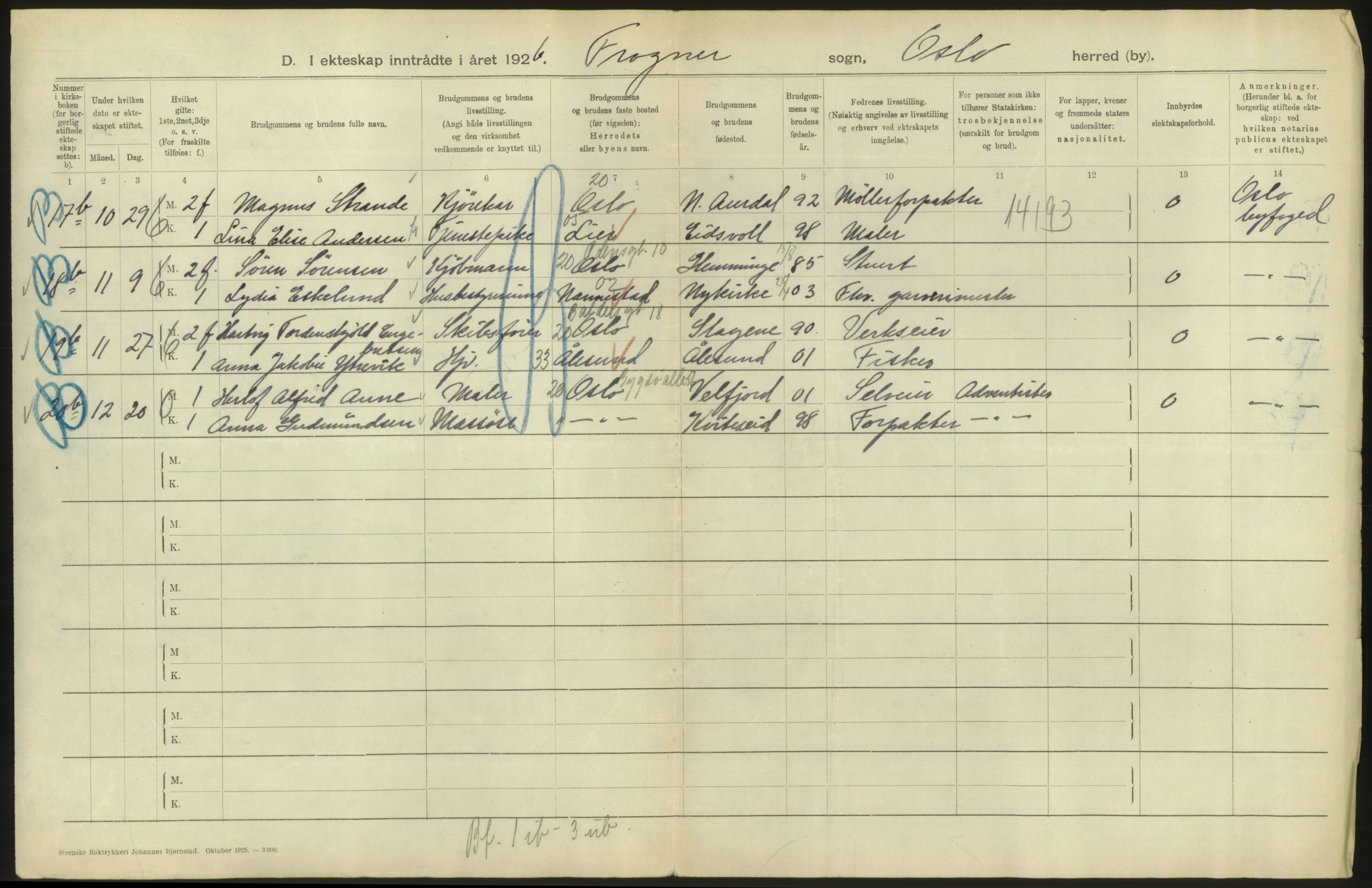 Statistisk sentralbyrå, Sosiodemografiske emner, Befolkning, AV/RA-S-2228/D/Df/Dfc/Dfcf/L0008: Oslo: Gifte, 1926, s. 234