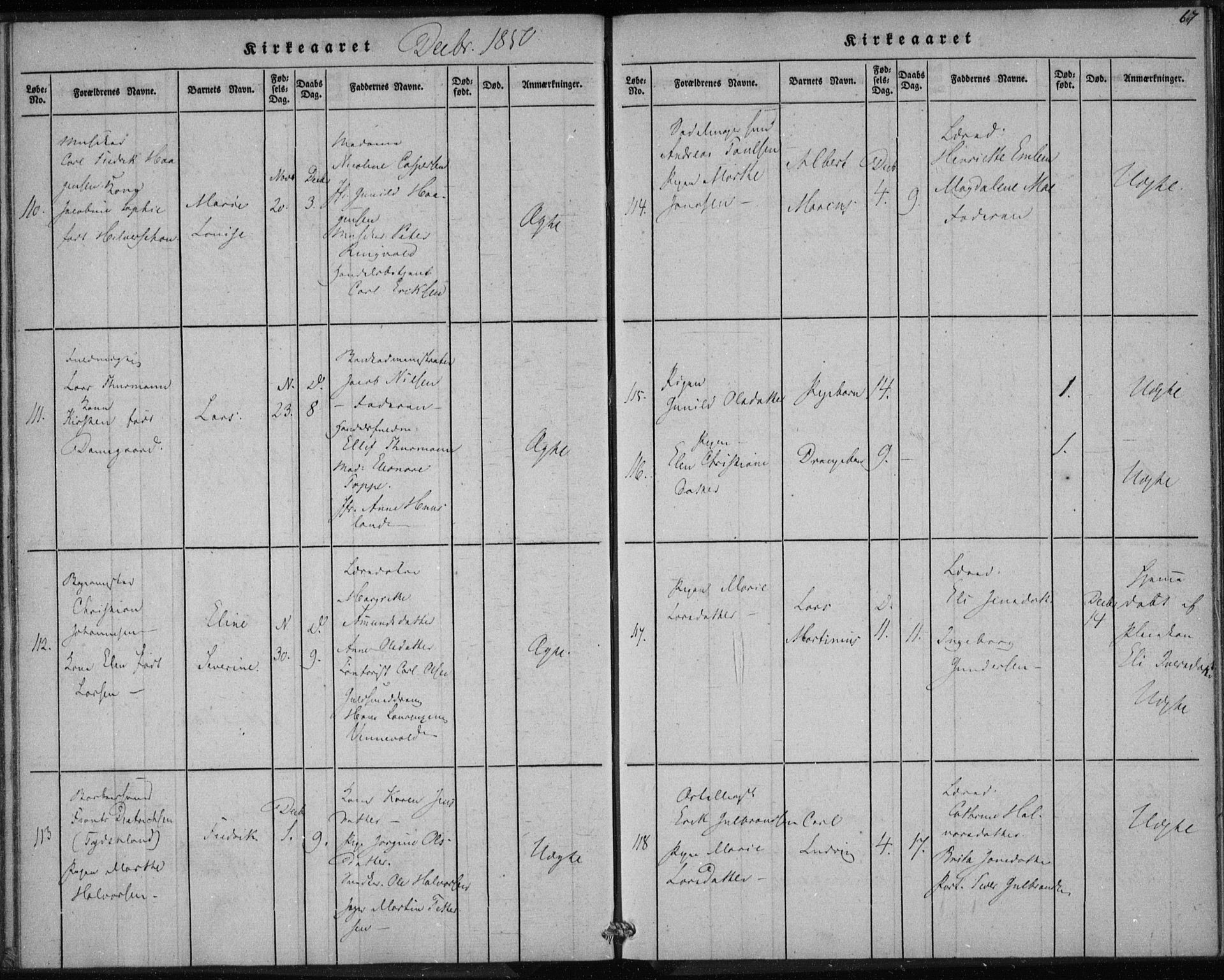 Rikshospitalet prestekontor Kirkebøker, AV/SAO-A-10309b/K/L0001/0003: Dåpsbok nr. 1.3, 1848-1854, s. 67