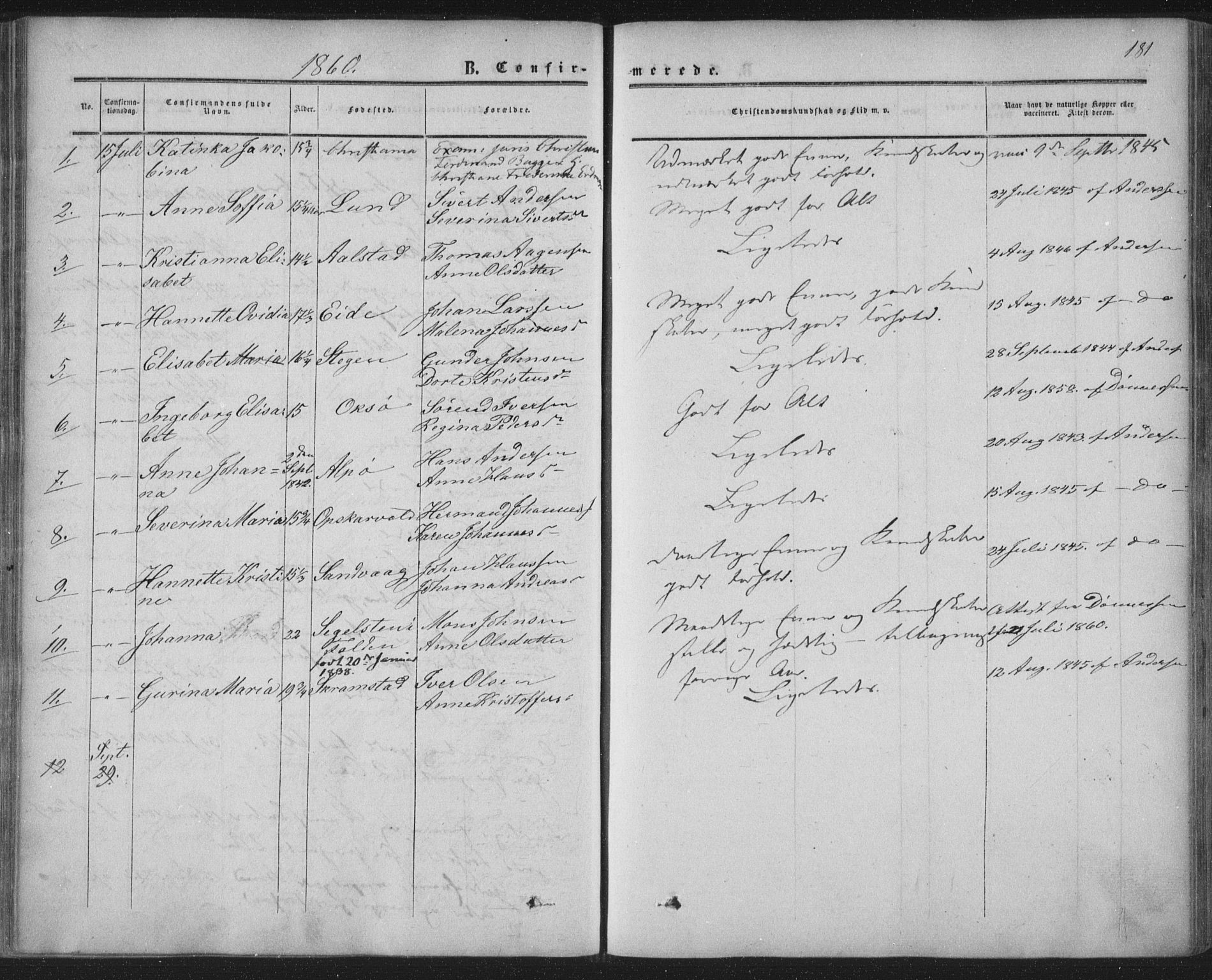 Ministerialprotokoller, klokkerbøker og fødselsregistre - Nordland, AV/SAT-A-1459/855/L0800: Ministerialbok nr. 855A08, 1852-1864, s. 181