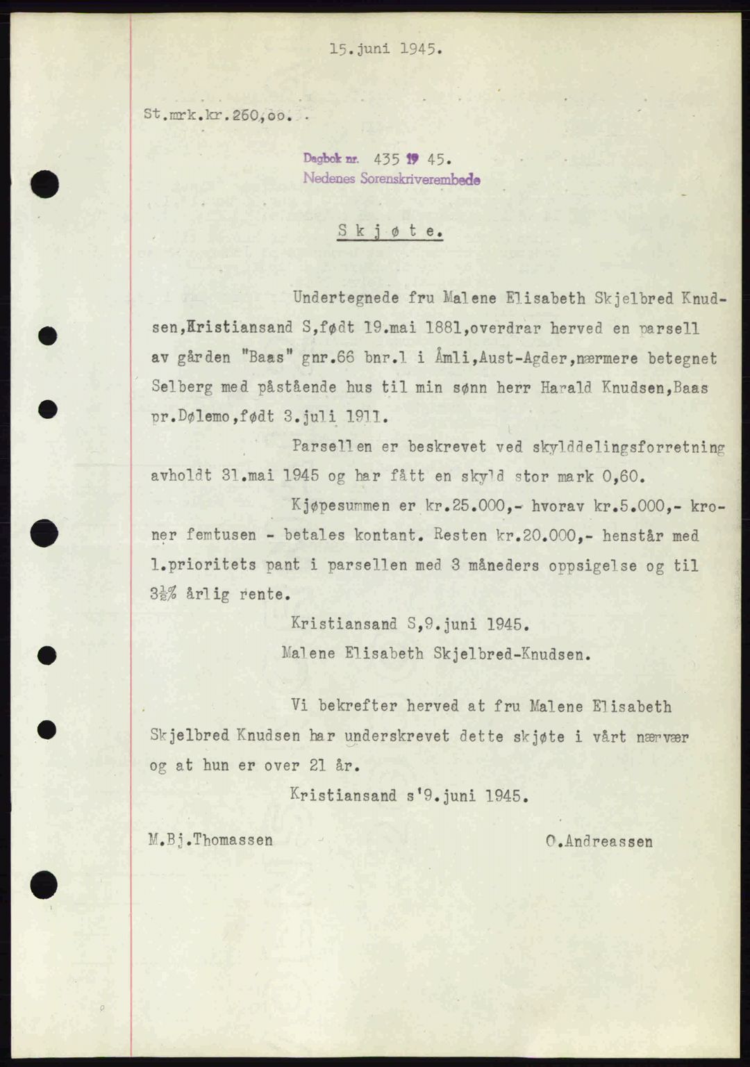 Nedenes sorenskriveri, SAK/1221-0006/G/Gb/Gba/L0052: Pantebok nr. A6a, 1944-1945, Dagboknr: 435/1945