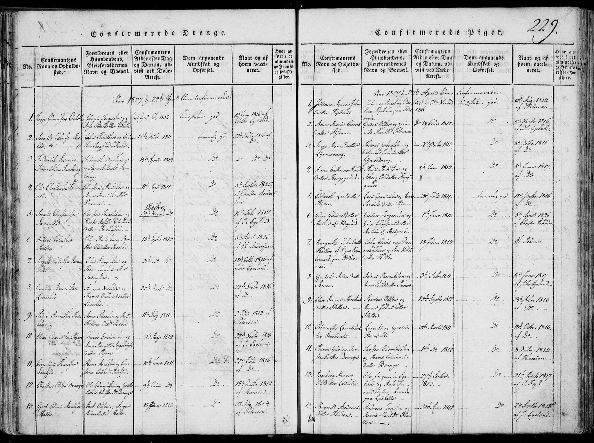 Oddernes sokneprestkontor, SAK/1111-0033/F/Fa/Faa/L0005: Ministerialbok nr. A 5, 1820-1838, s. 229