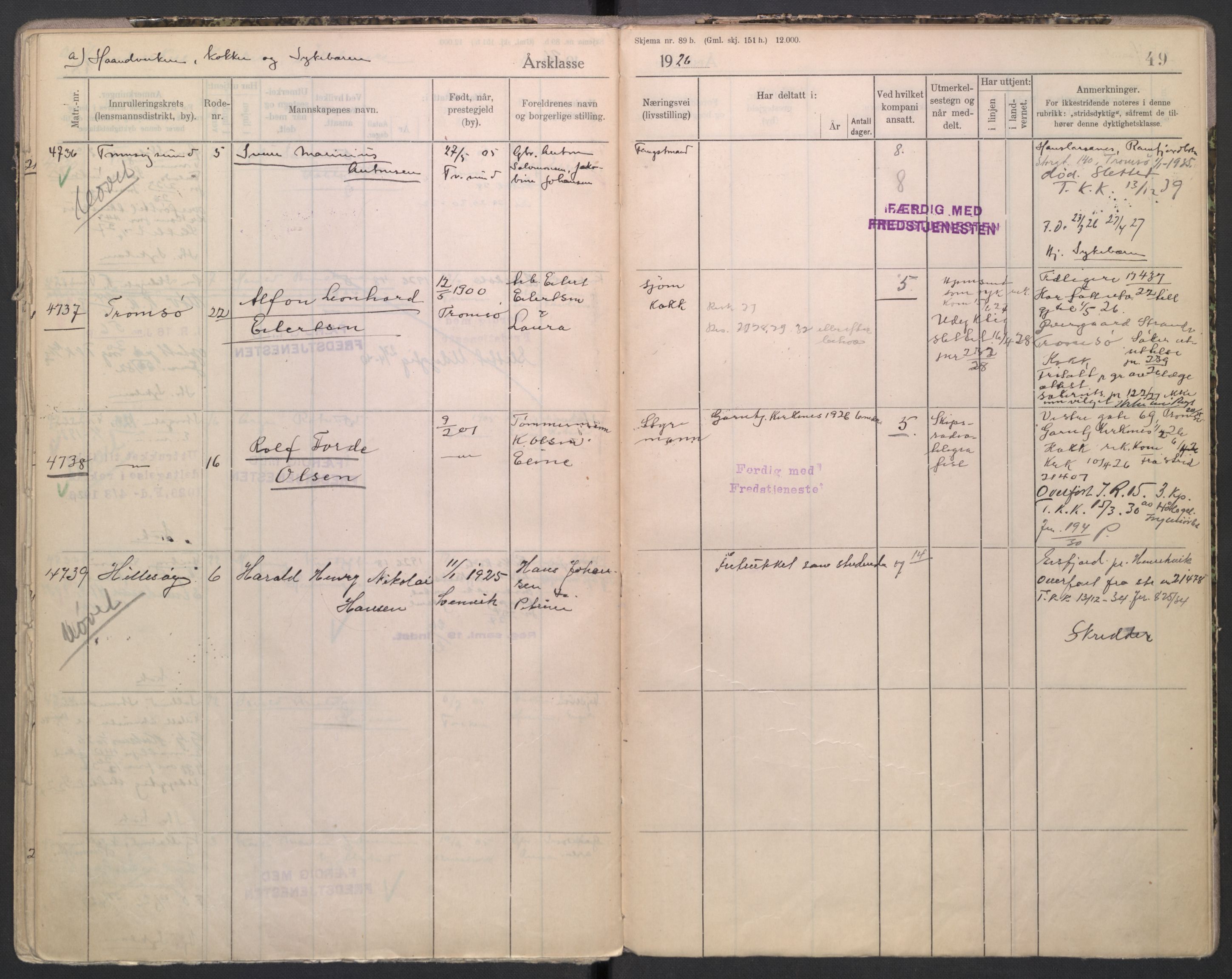 Forsvaret, Troms infanteriregiment nr. 16, AV/RA-RAFA-3146/P/Pa/L0004/0001: Ruller / Rulle for Bardu bataljons menige mannskaper, årsklasse 1926, 1926, s. 49