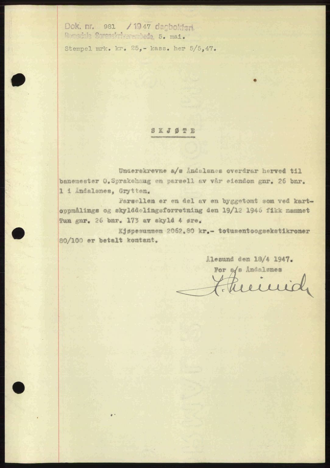 Romsdal sorenskriveri, SAT/A-4149/1/2/2C: Pantebok nr. A22, 1947-1947, Dagboknr: 981/1947