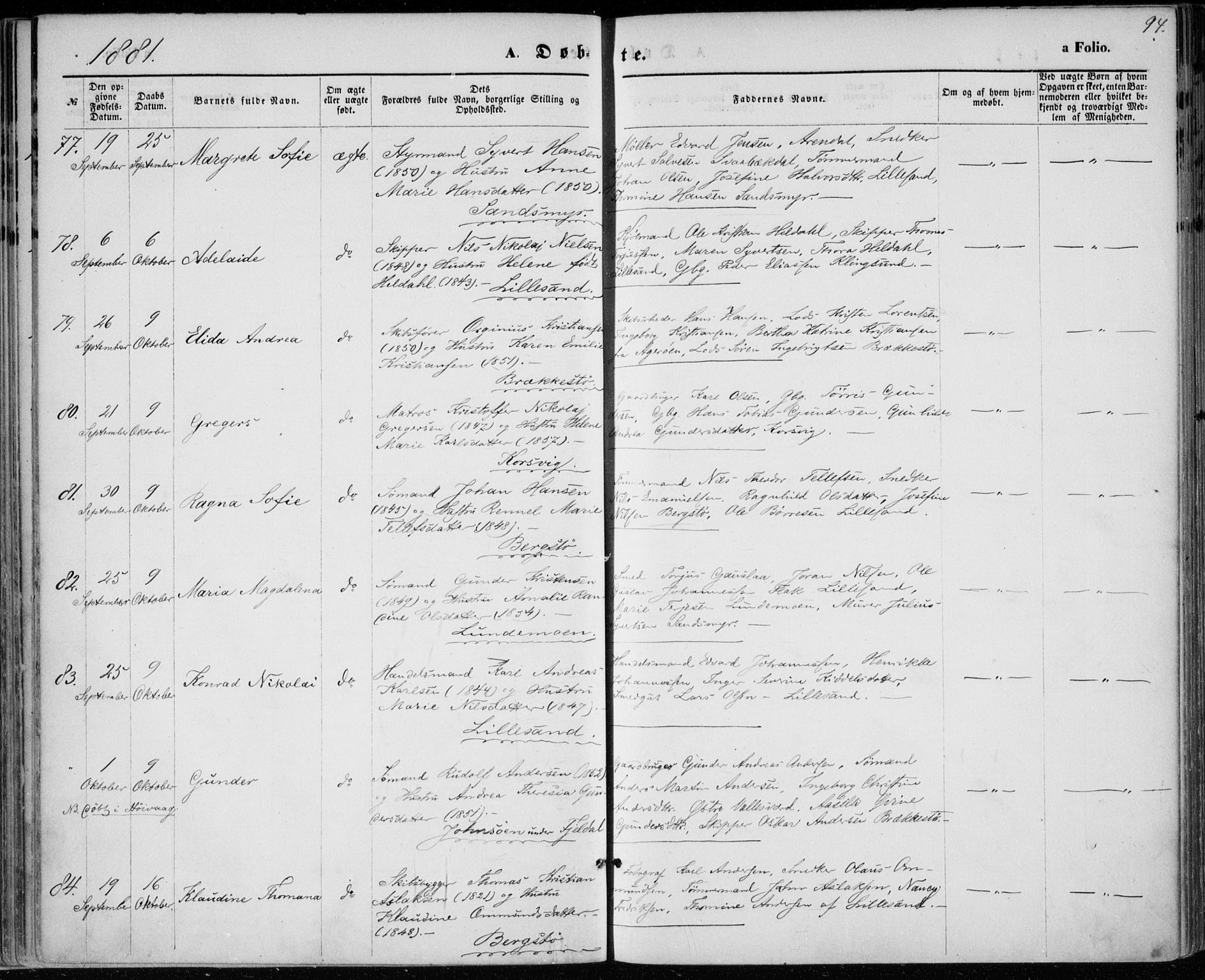 Vestre Moland sokneprestkontor, AV/SAK-1111-0046/F/Fa/Fab/L0008: Ministerialbok nr. A 8, 1873-1883, s. 94