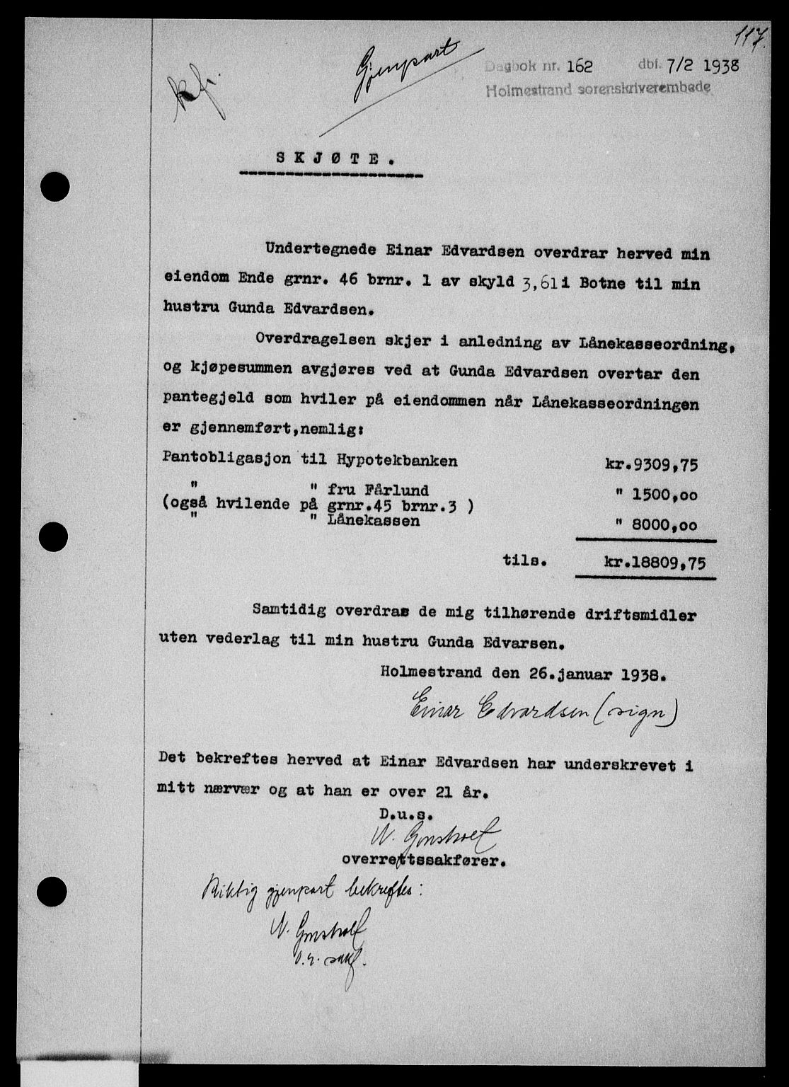 Holmestrand sorenskriveri, SAKO/A-67/G/Ga/Gaa/L0049: Pantebok nr. A-49, 1937-1938, Dagboknr: 162/1938