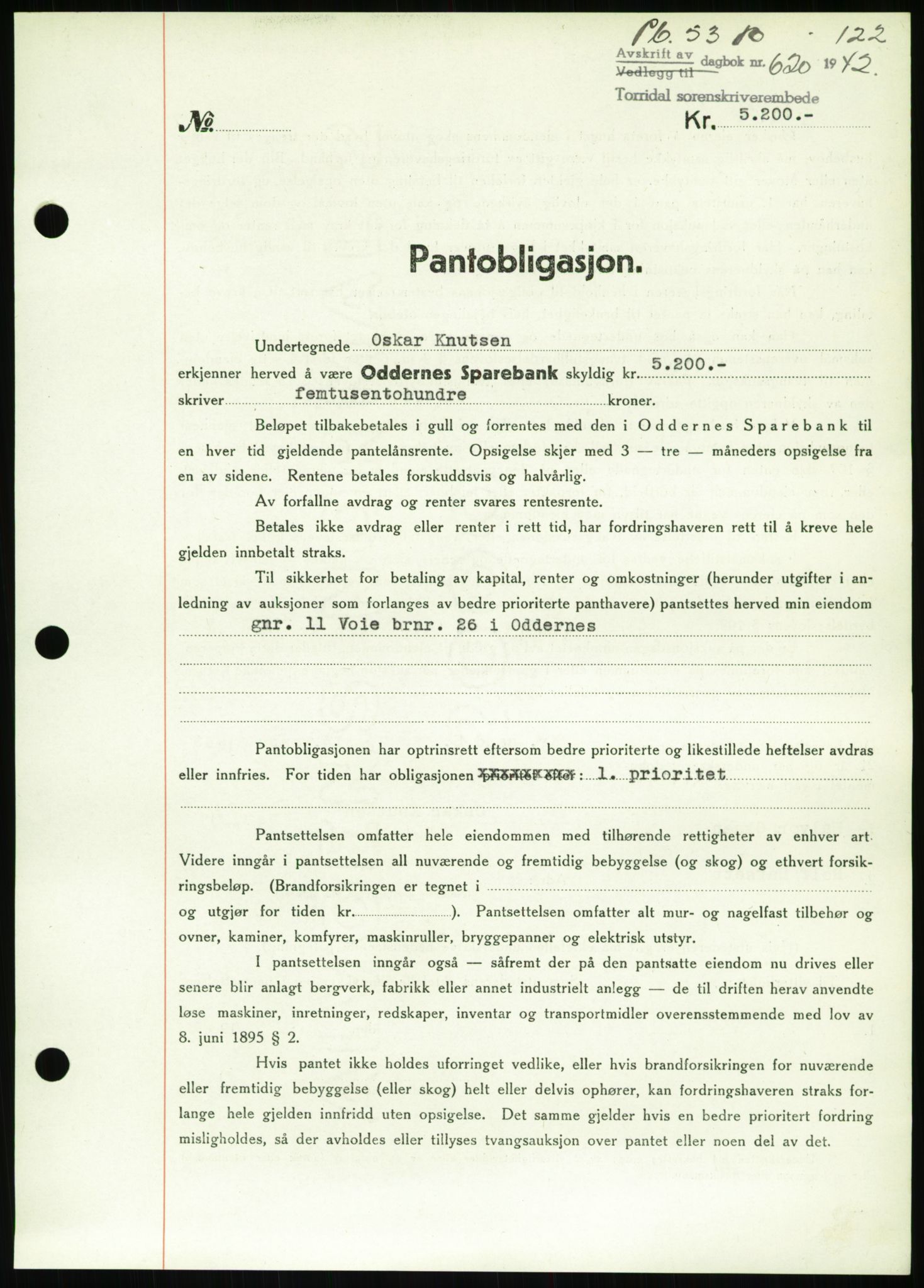 Torridal sorenskriveri, SAK/1221-0012/G/Gb/Gbb/L0009: Pantebok nr. 53b, 1942-1943, Dagboknr: 620/1942
