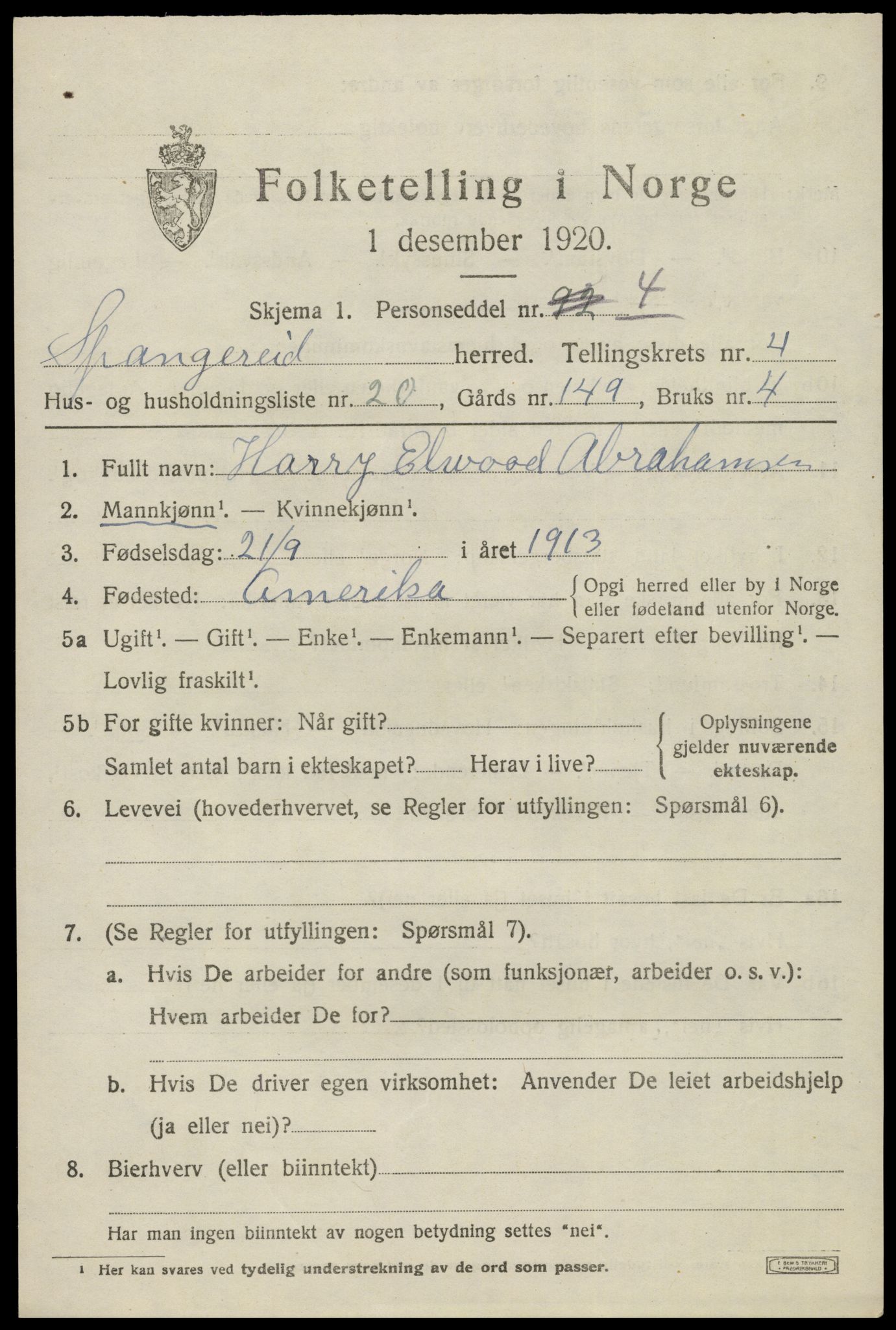 SAK, Folketelling 1920 for 1030 Spangereid herred, 1920, s. 1701