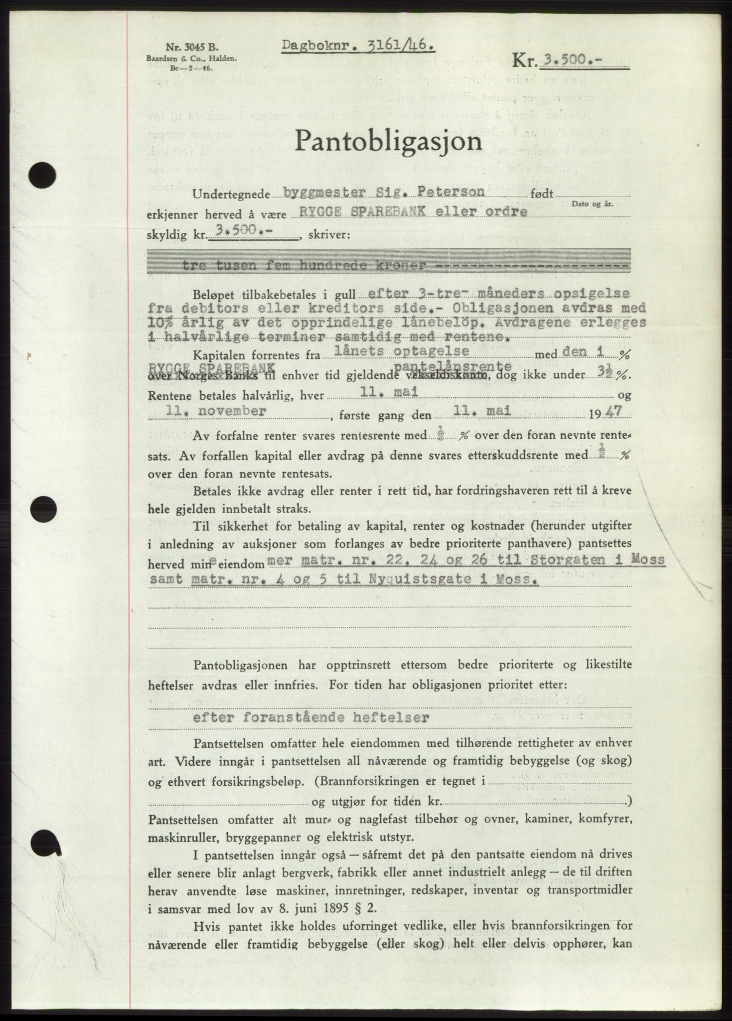 Moss sorenskriveri, SAO/A-10168: Pantebok nr. B16, 1946-1947, Dagboknr: 3161/1946