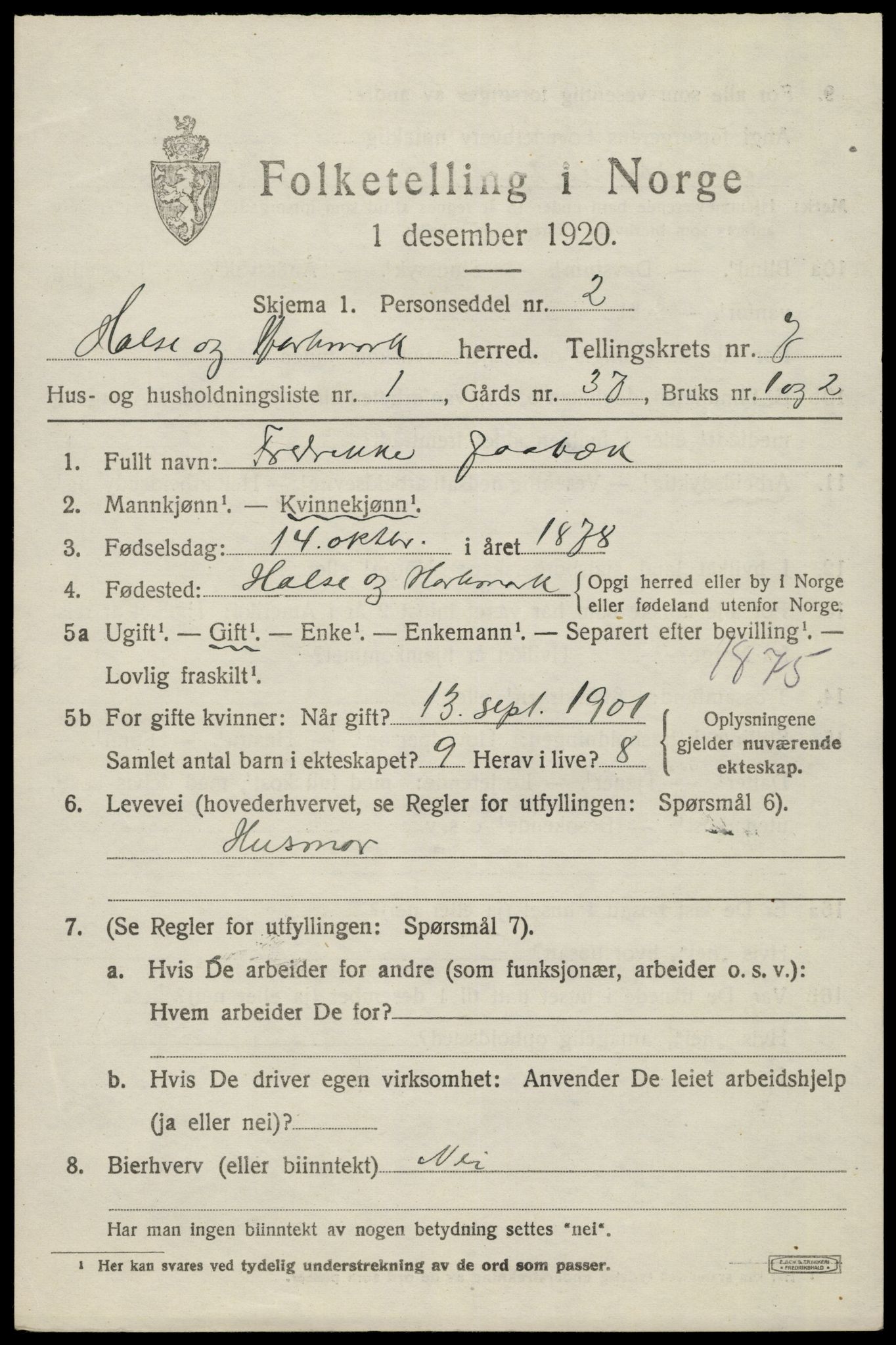 SAK, Folketelling 1920 for 1019 Halse og Harkmark herred, 1920, s. 3691