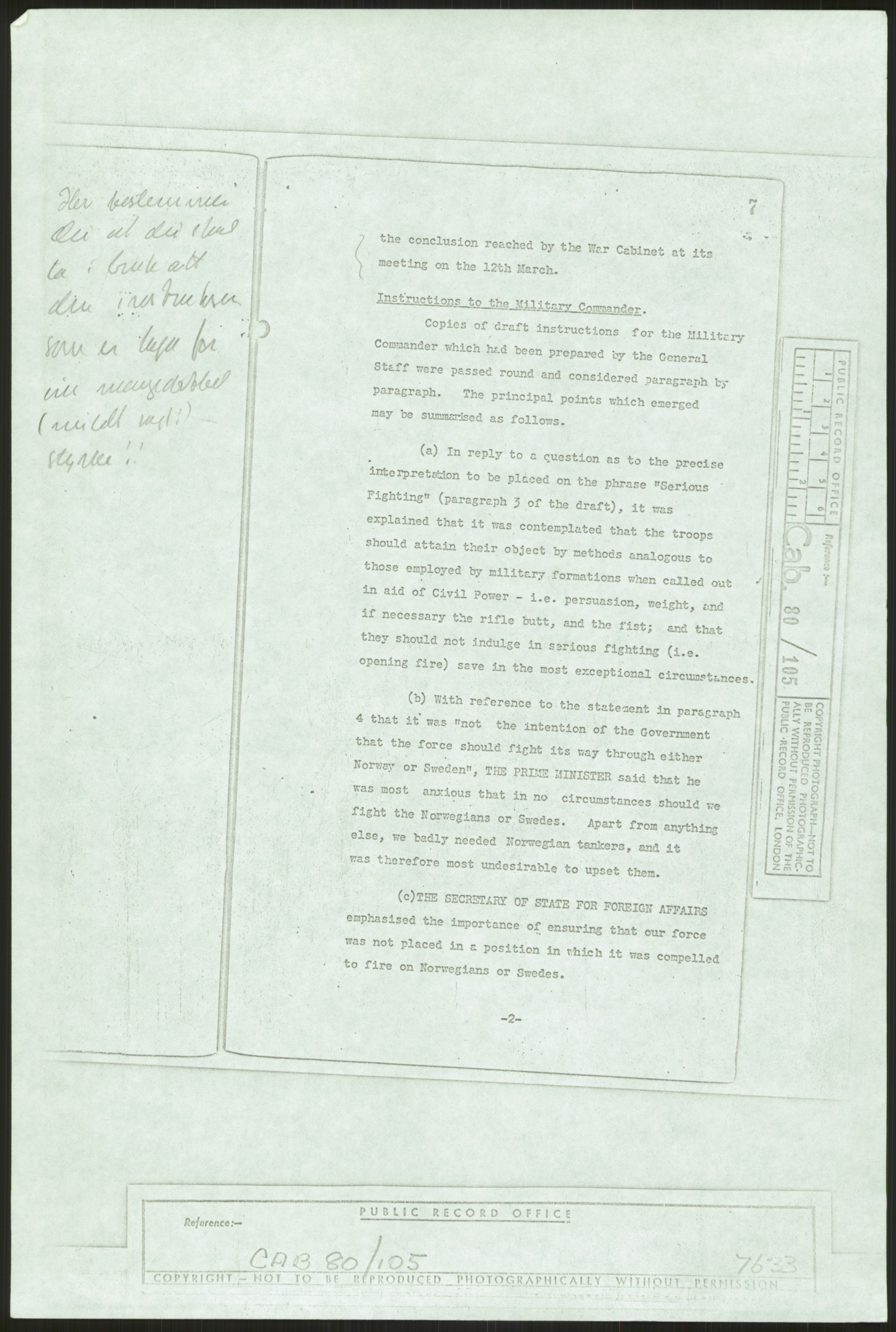 Skodvin, Magne, RA/PA-2036/F/L0006/0001: Kopier fra Public Record Office / CAB 80/105, 1940, s. 7