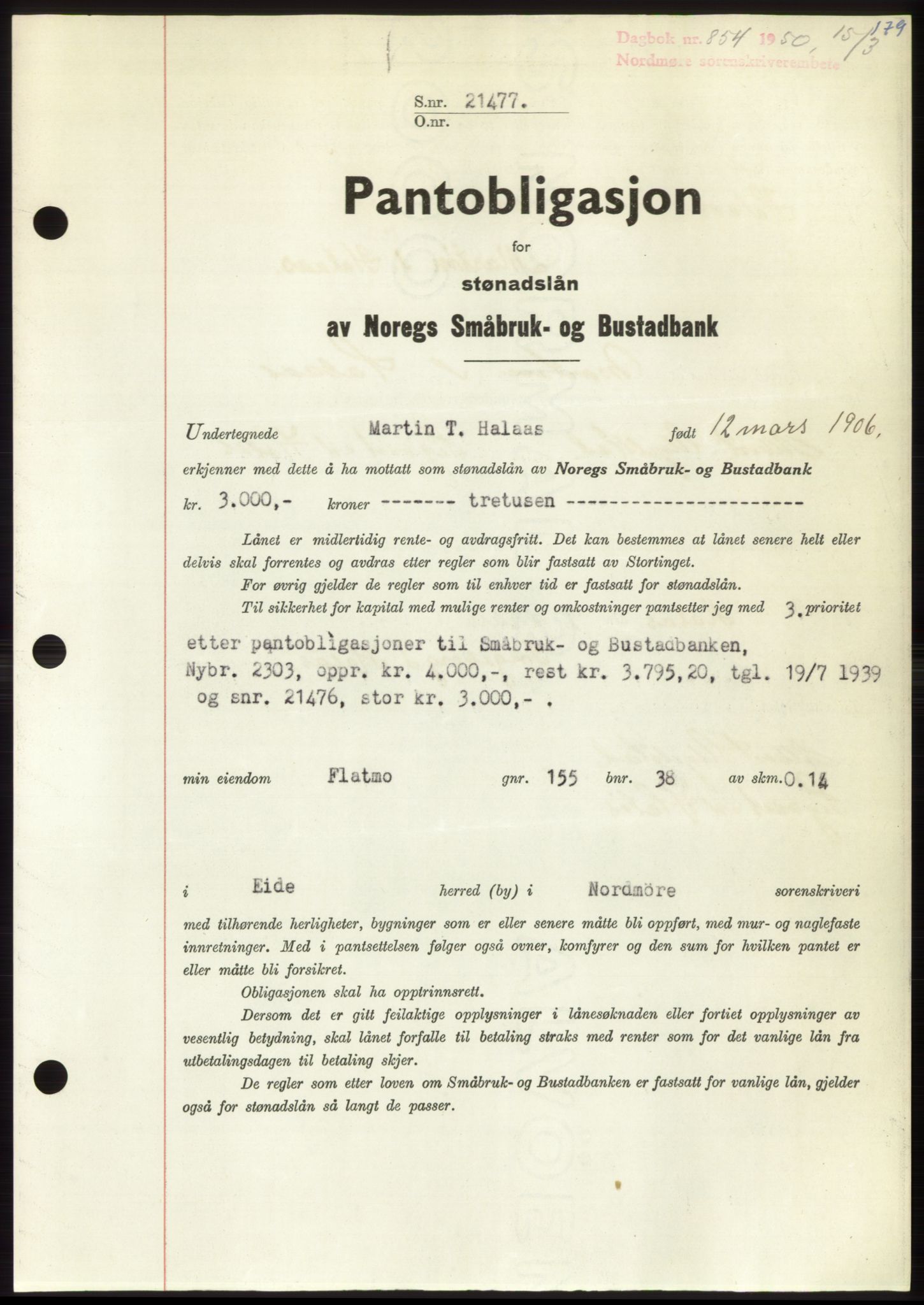 Nordmøre sorenskriveri, SAT/A-4132/1/2/2Ca: Pantebok nr. B104, 1950-1950, Dagboknr: 854/1950