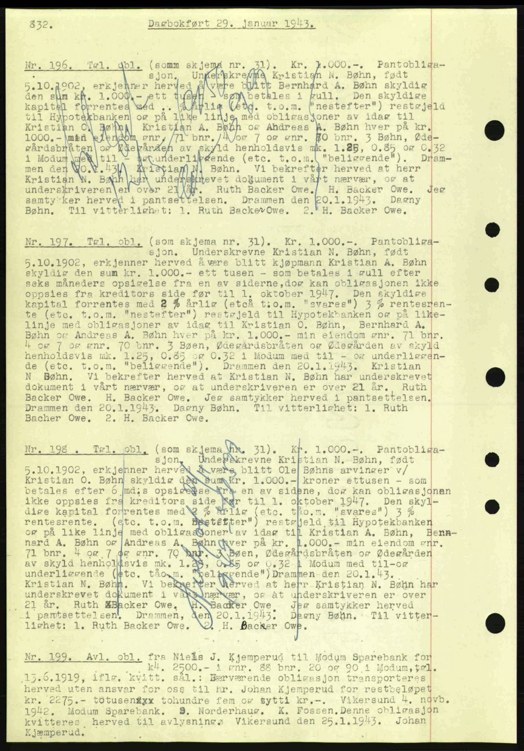 Eiker, Modum og Sigdal sorenskriveri, SAKO/A-123/G/Ga/Gab/L0047: Pantebok nr. A17, 1942-1943, Dagboknr: 196/1943