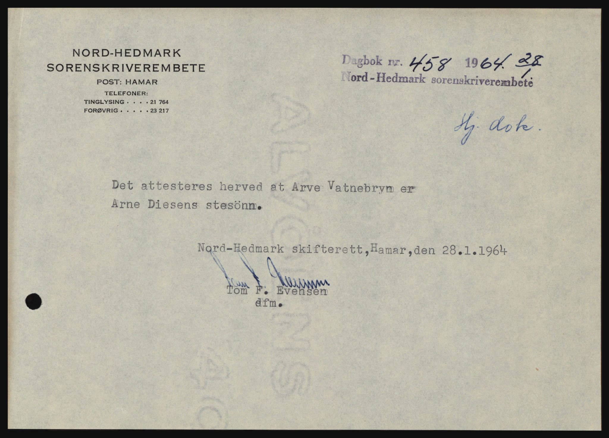 Nord-Hedmark sorenskriveri, SAH/TING-012/H/Hc/L0019: Pantebok nr. 19, 1963-1964, Dagboknr: 458/1964