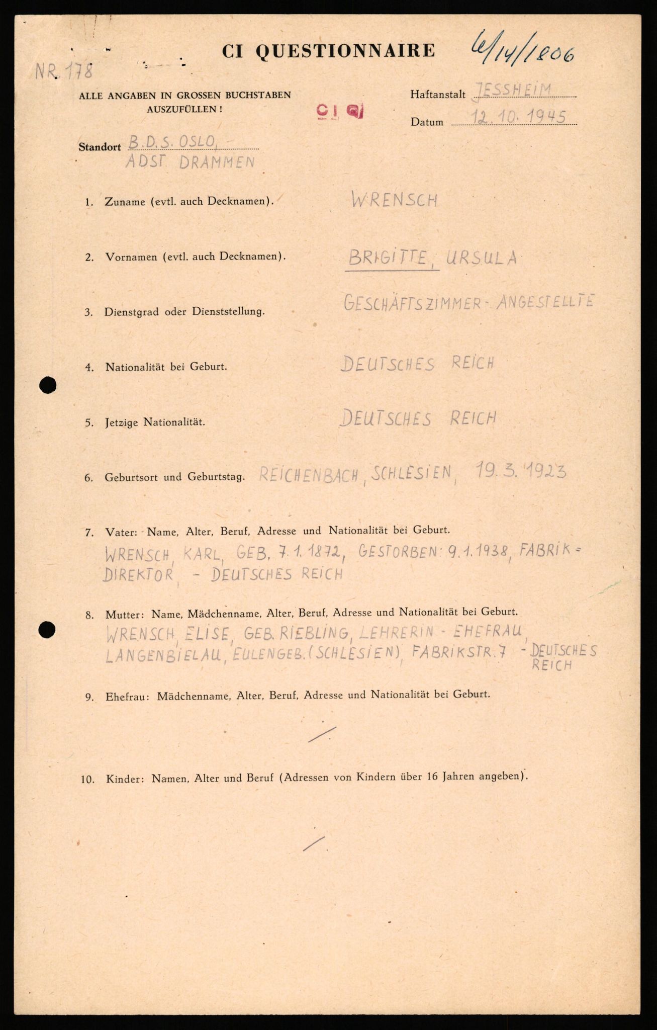 Forsvaret, Forsvarets overkommando II, AV/RA-RAFA-3915/D/Db/L0036: CI Questionaires. Tyske okkupasjonsstyrker i Norge. Tyskere., 1945-1946, s. 491