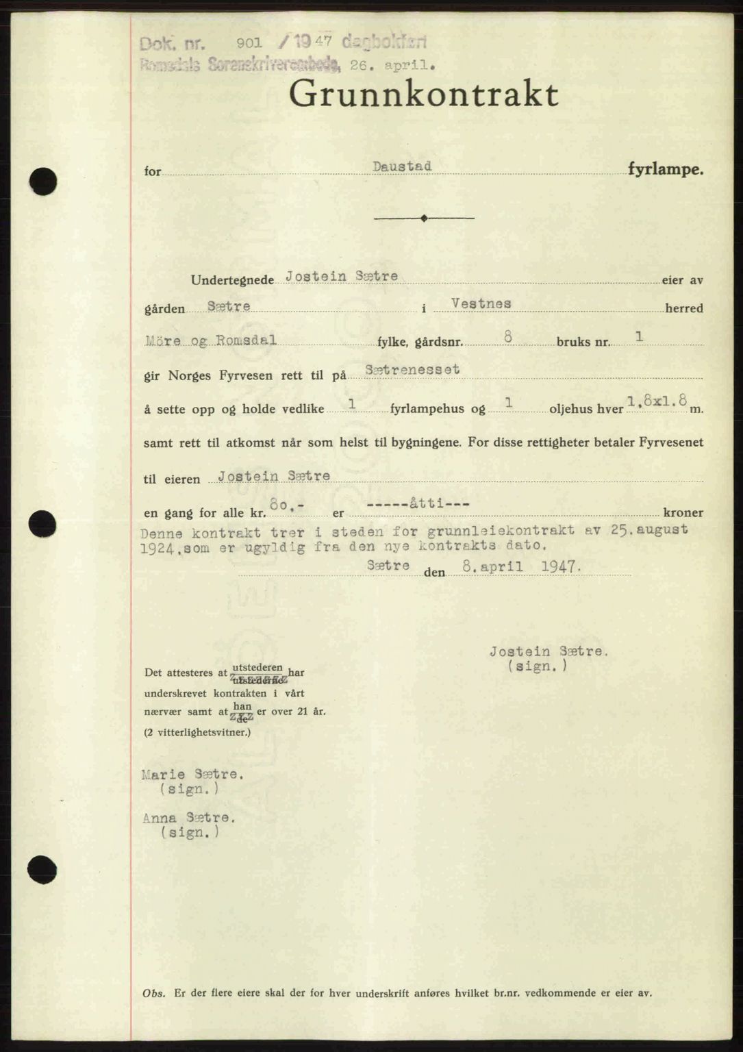 Romsdal sorenskriveri, AV/SAT-A-4149/1/2/2C: Pantebok nr. A22, 1947-1947, Dagboknr: 901/1947